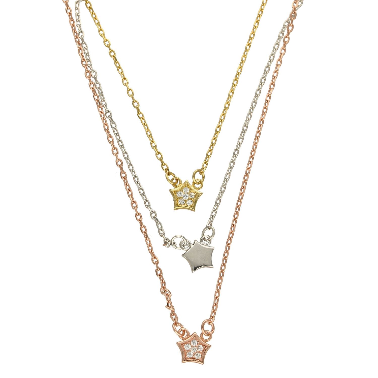 Srebrny naszyjnik celebrytka trzy łańcuszki 'Trójkolorowe Gwiazdy' DIA-NSZ-GWIAZDKA6-925.jpg