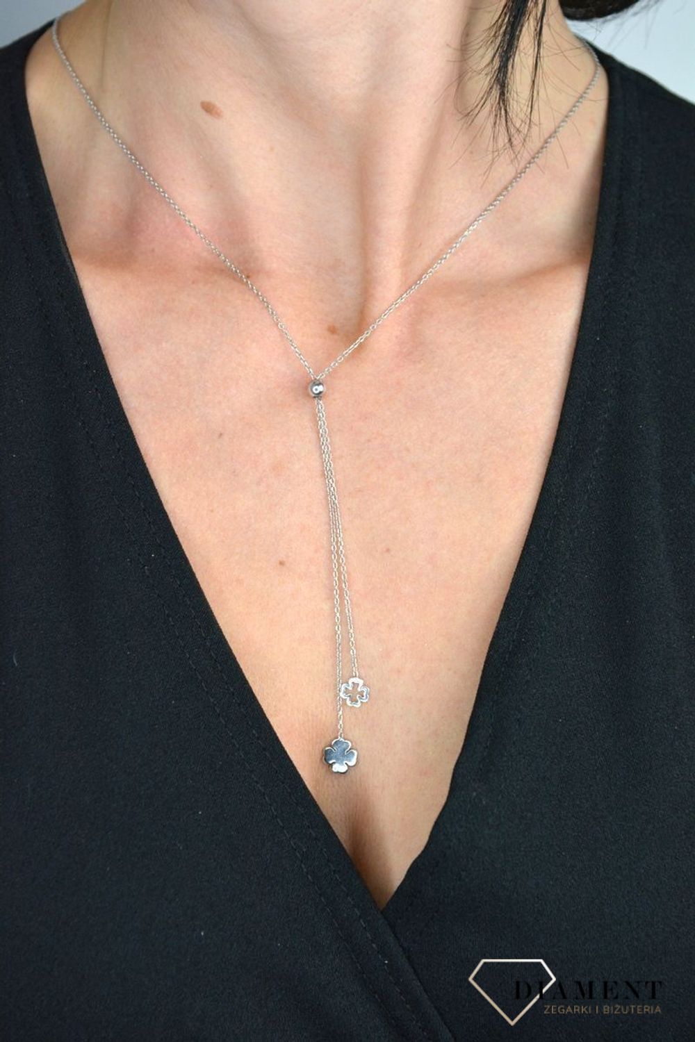 Srebrny naszyjnik celebrytka krawatka wiszące koniczynki DIA-NSZ-KONICZYNKA.jpg