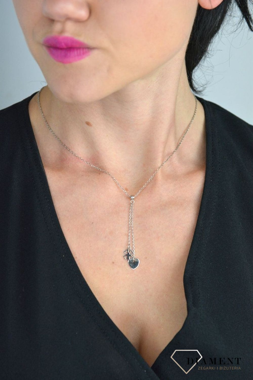 Srebrny naszyjnik celebrytka krawatka wiszące koniczynka i serce DIA-NSZ-KONICZYNKA2-925.jpg