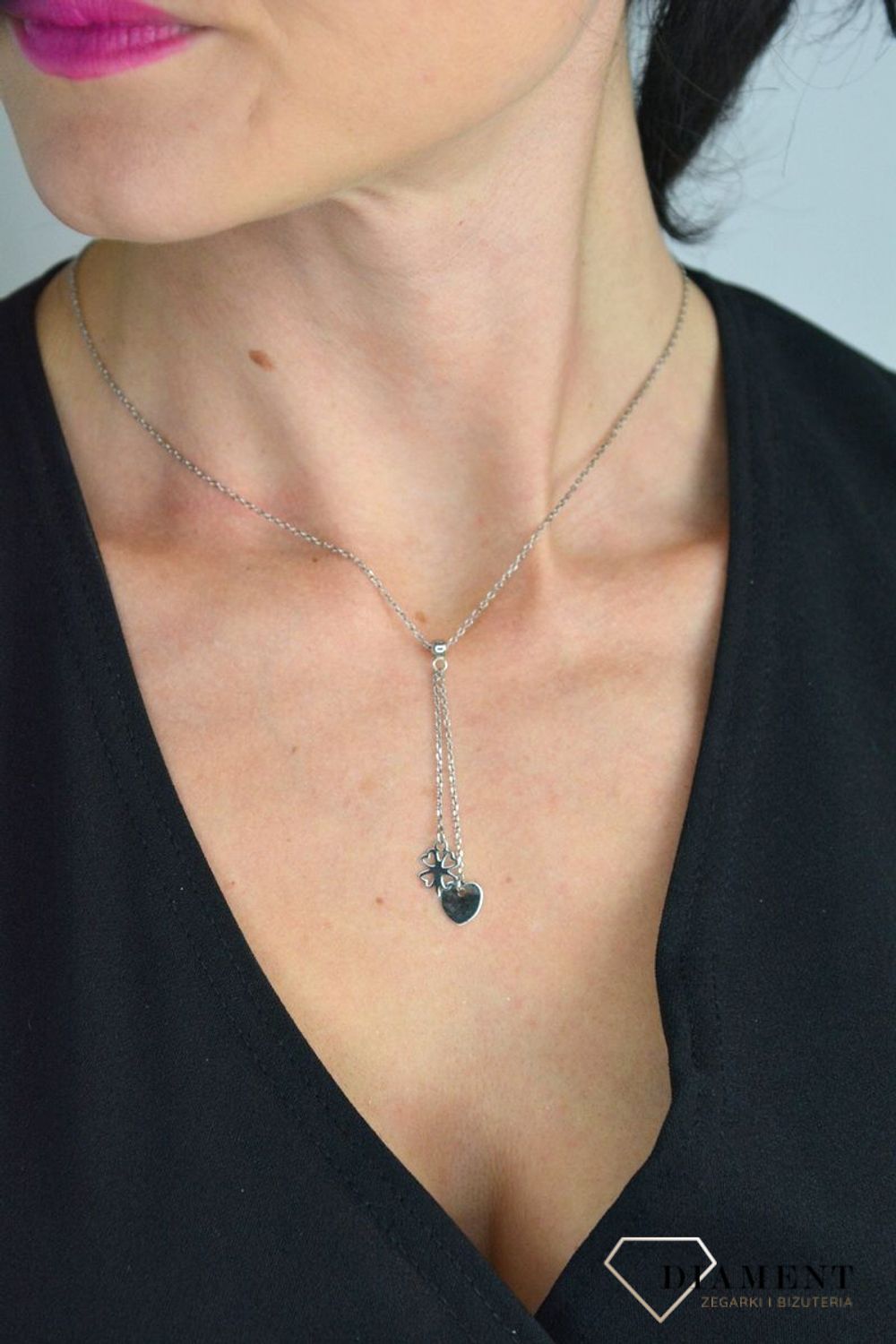 Srebrny naszyjnik celebrytka krawatka wiszące koniczynka i serce DIA-NSZ-KONICZYNKA2-925.jpg