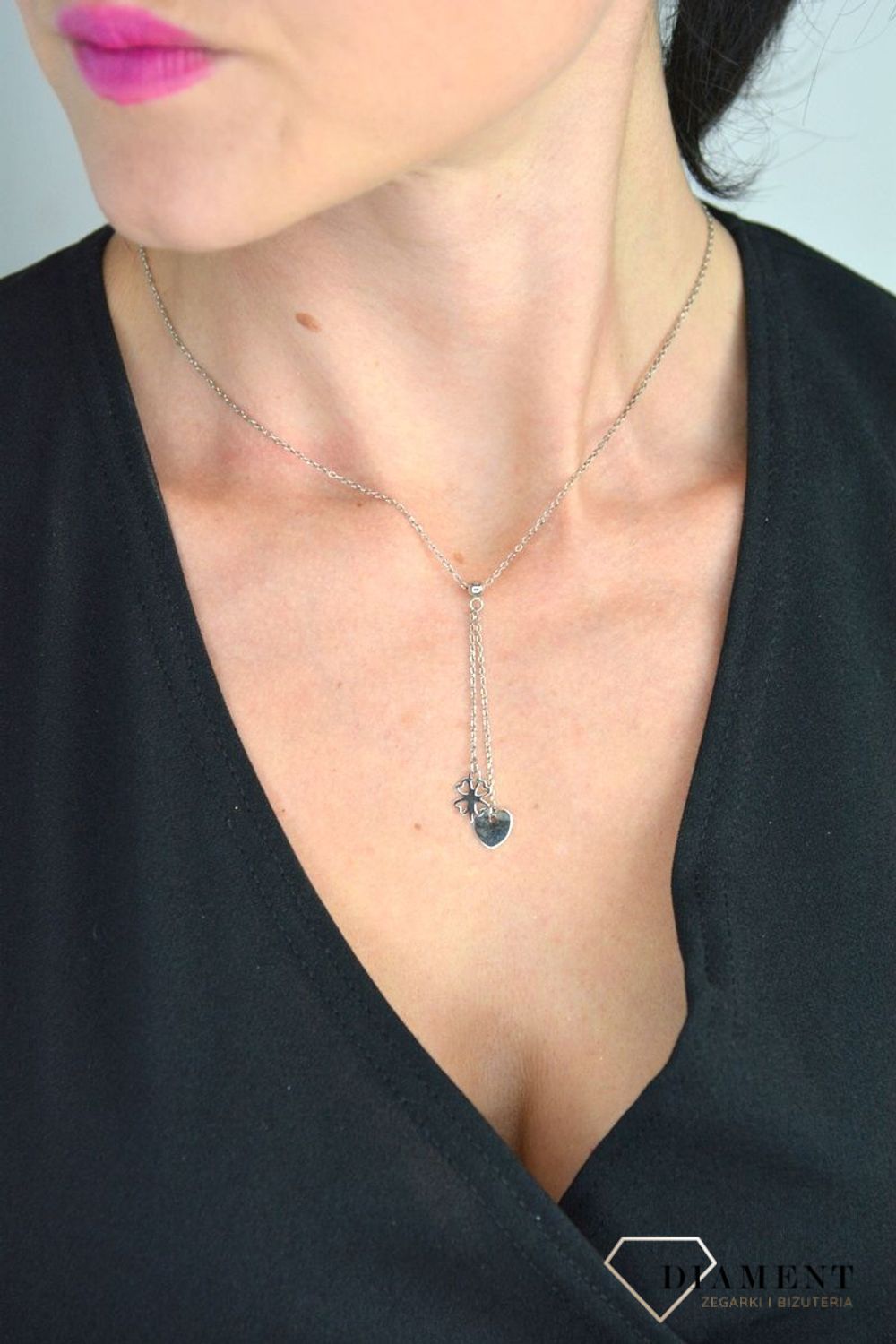 Srebrny naszyjnik celebrytka krawatka wiszące koniczynka i serce DIA-NSZ-KONICZYNKA2-925.jpg