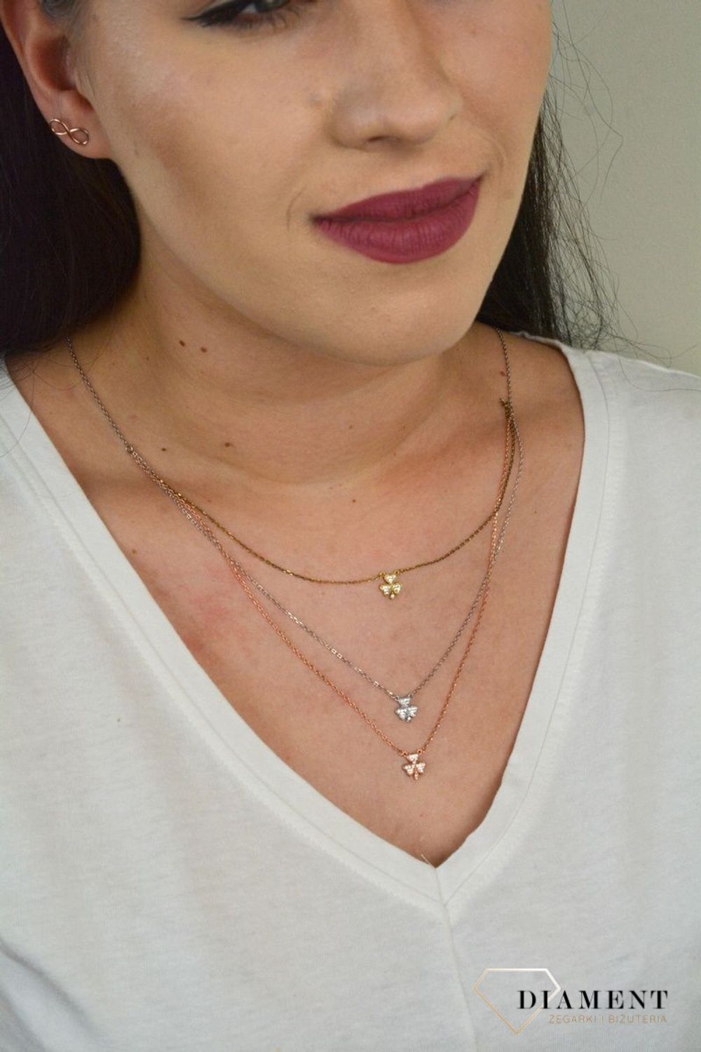 Srebrny naszyjnik celebrytka trzy łańcuszki 'Trójkolorowe Koniczynki' DIA-NSZ-KONICZYNKA6-925.jpg