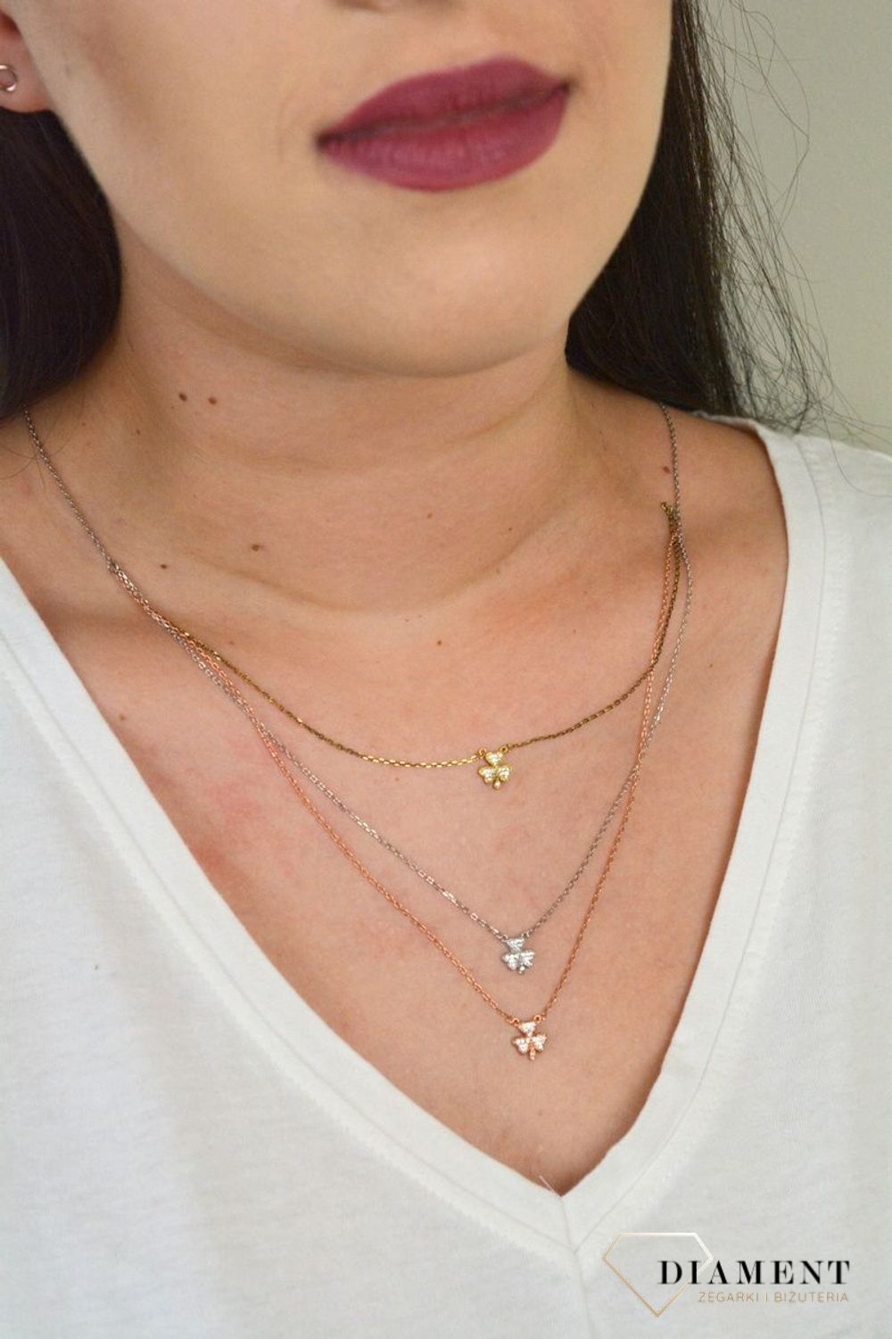 Srebrny naszyjnik celebrytka trzy łańcuszki 'Trójkolorowe Koniczynki' DIA-NSZ-KONICZYNKA6-925.jpg