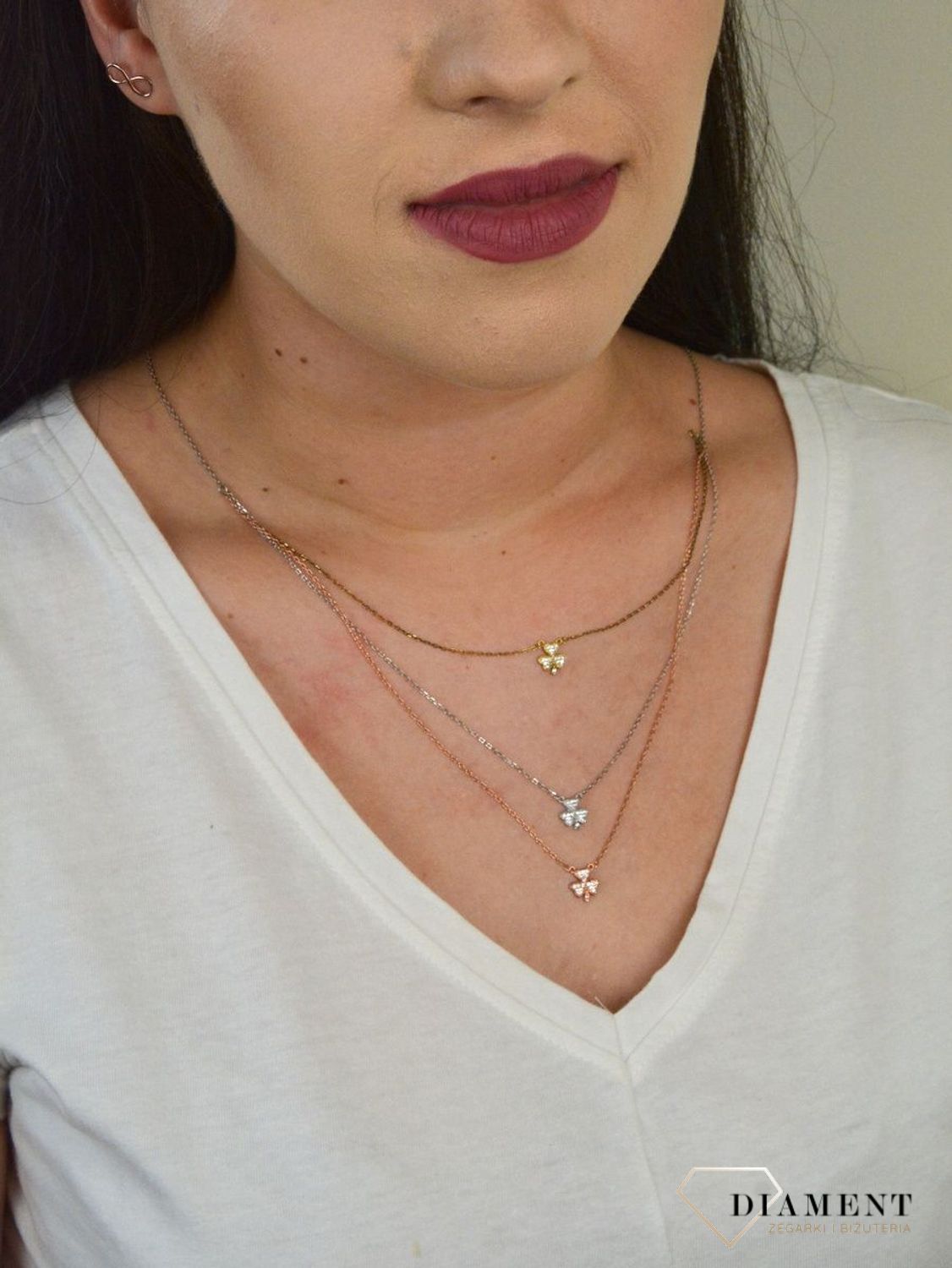 Srebrny naszyjnik celebrytka trzy łańcuszki 'Trójkolorowe Koniczynki' DIA-NSZ-KONICZYNKA6-925.jpg