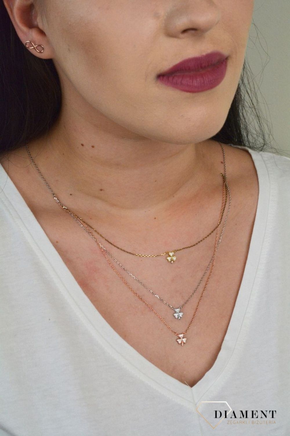 Srebrny naszyjnik celebrytka trzy łańcuszki 'Trójkolorowe Koniczynki' DIA-NSZ-KONICZYNKA6-925.jpg