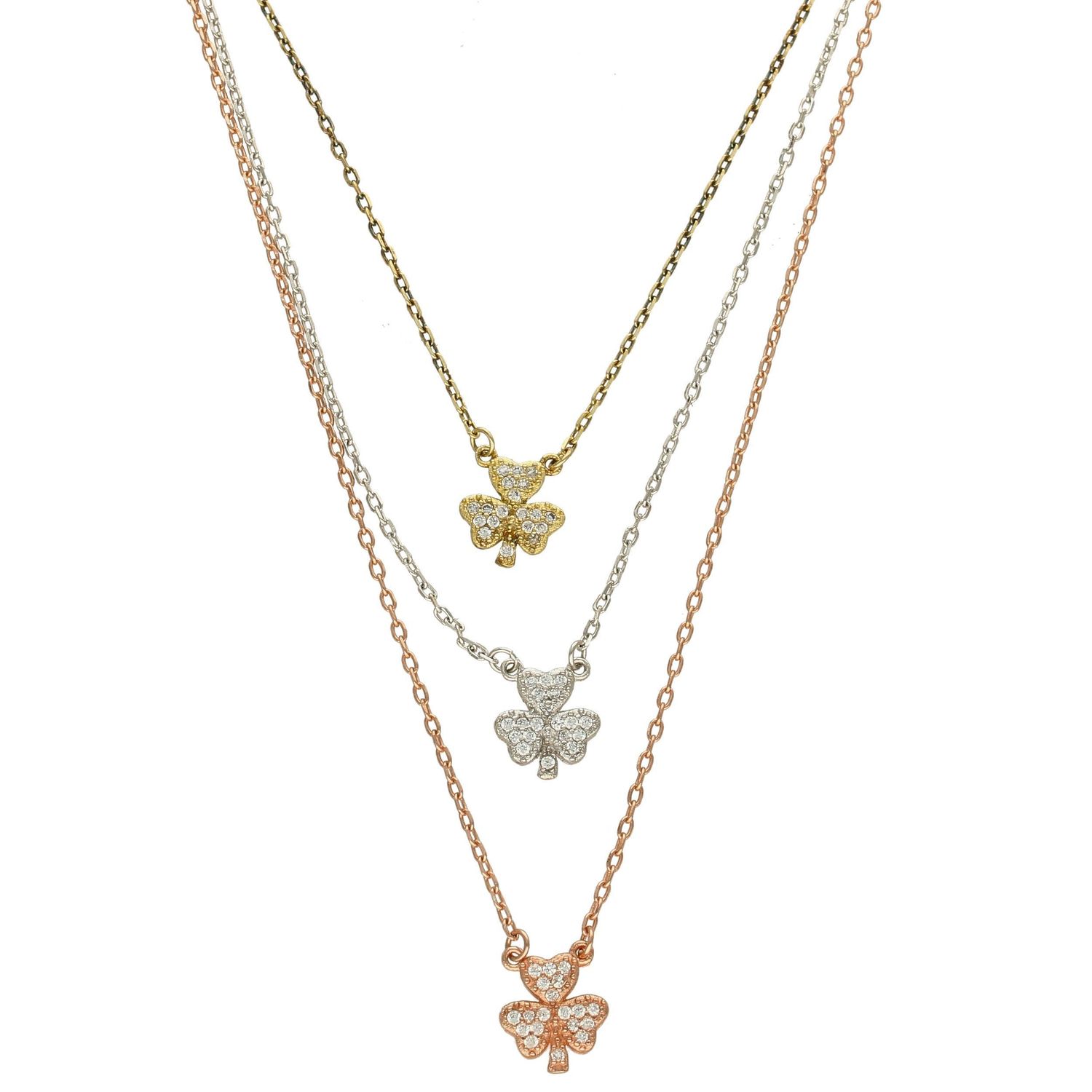 Srebrny naszyjnik celebrytka trzy łańcuszki 'Trójkolorowe Koniczynki' DIA-NSZ-KONICZYNKA6-925.jpg