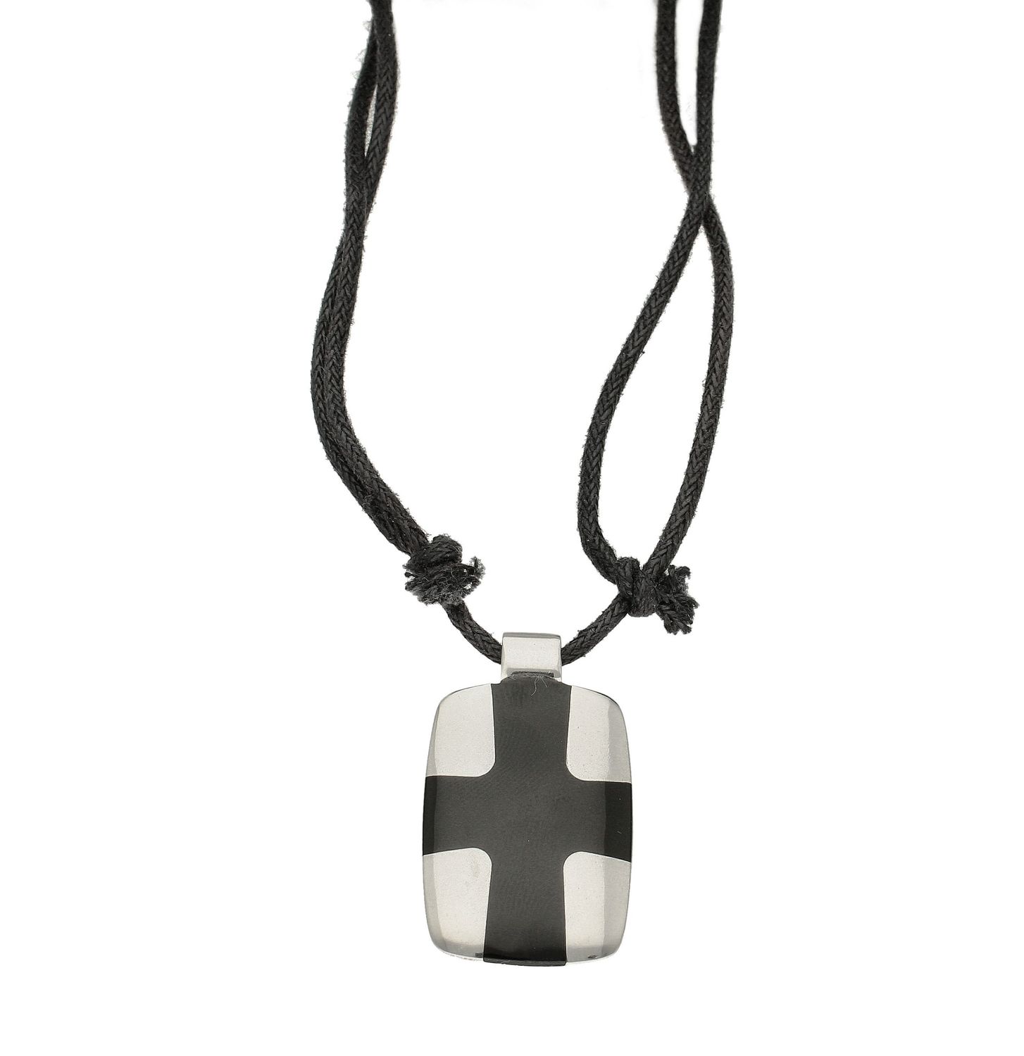 Naszyjnik rzemyk ze stalową zawieszką czarny krzyż DIA-NSZ-KRZYZ-STAL. Naszyjnik rzemyk z zawieszką stalową z motywem krzyża. Biżuteria wyróżnia się nowocze.jpg