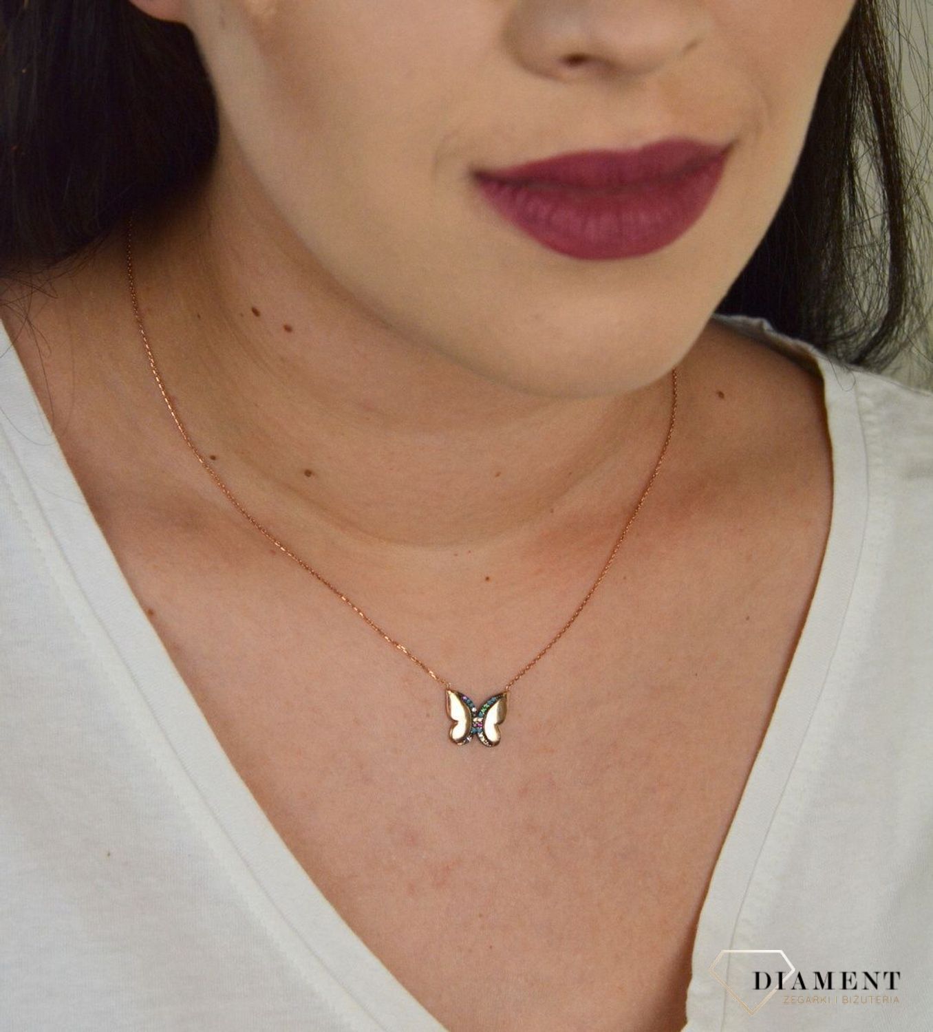 Srebrny naszyjnik celebrytka 'Kolorowy motylek' różowe złoto DIA-NSZ-MOTYL1-925.jpg