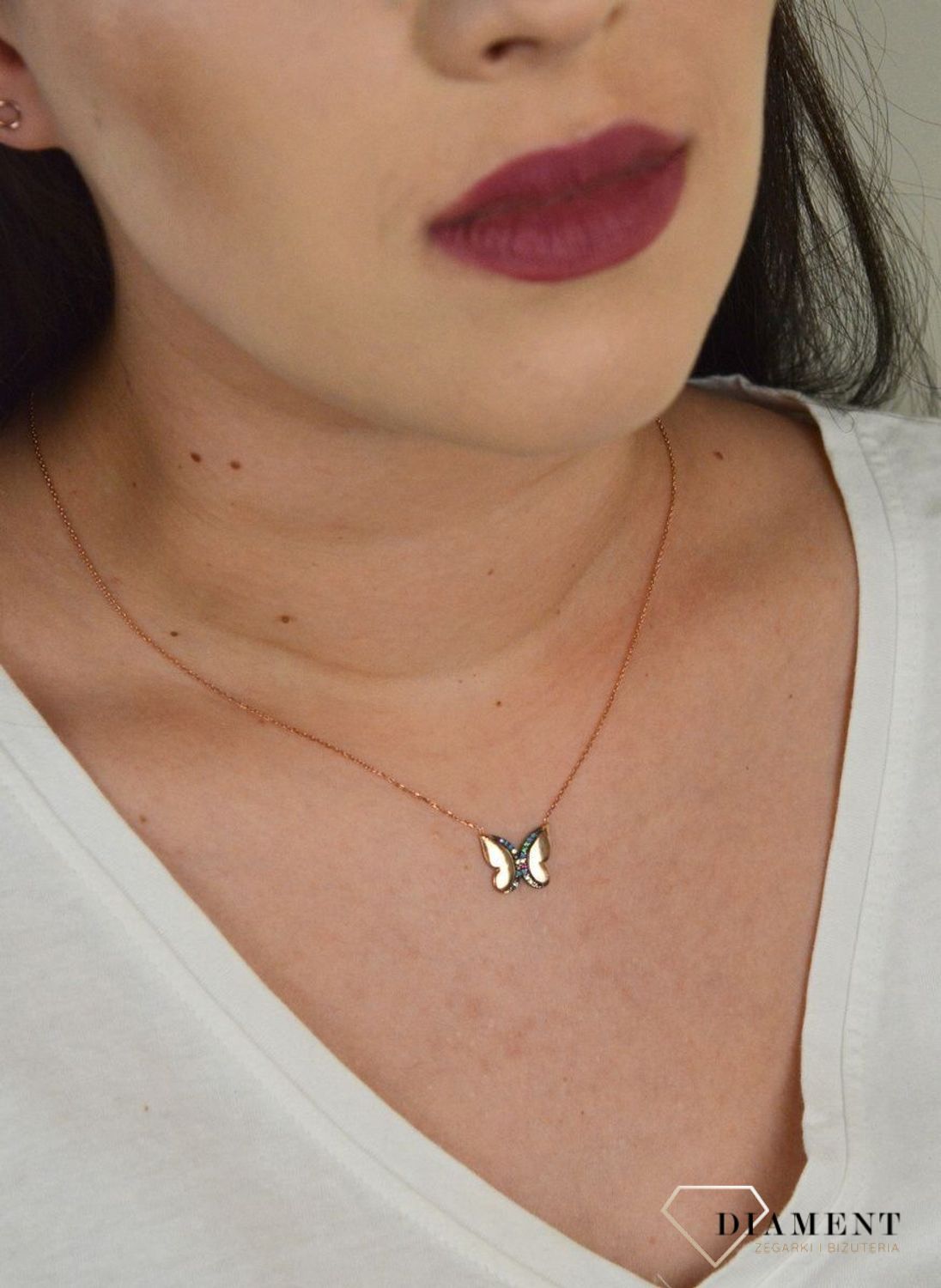 Srebrny naszyjnik celebrytka 'Kolorowy motylek' różowe złoto DIA-NSZ-MOTYL1-925.jpg