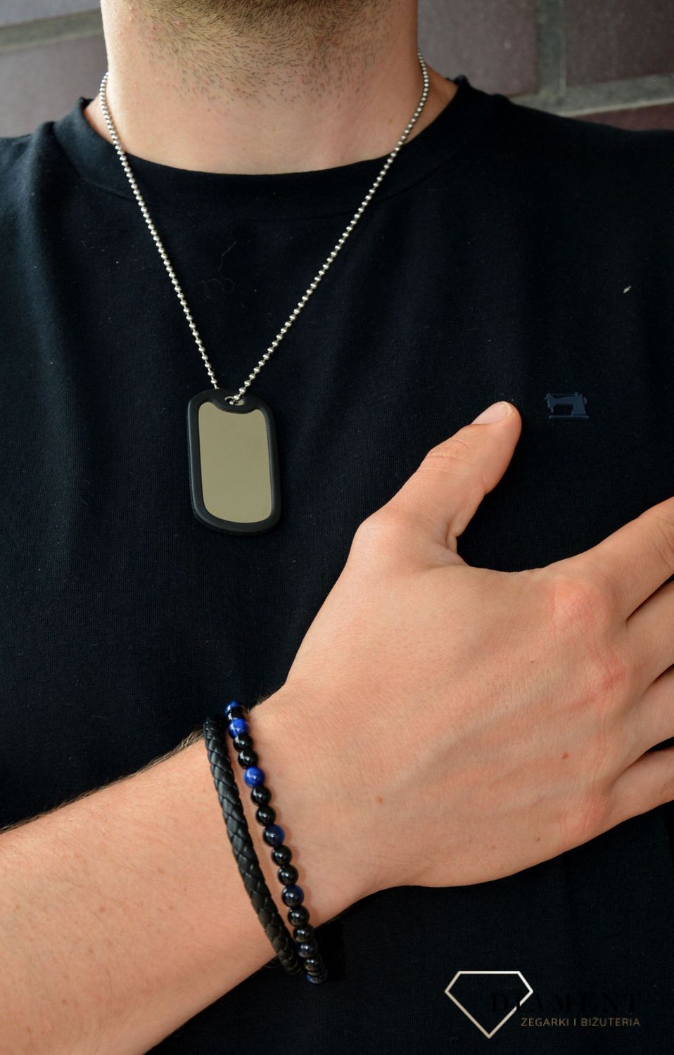 Naszyjnik srebrny nieśmiertelnik z czarną gumka DIA-NAS-N231829-STAL..jpg