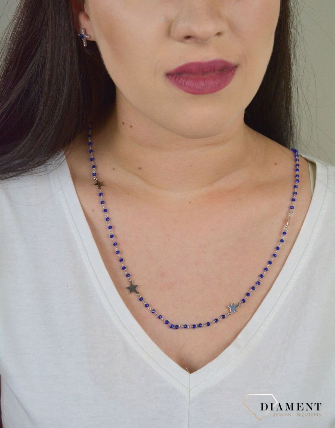 Srebrny naszyjnik długa celebrytka z niebieskimi koralikami i gwiazdkami DIA-NSZ-NIEBIESKIE-GWIAZDKI.jpg