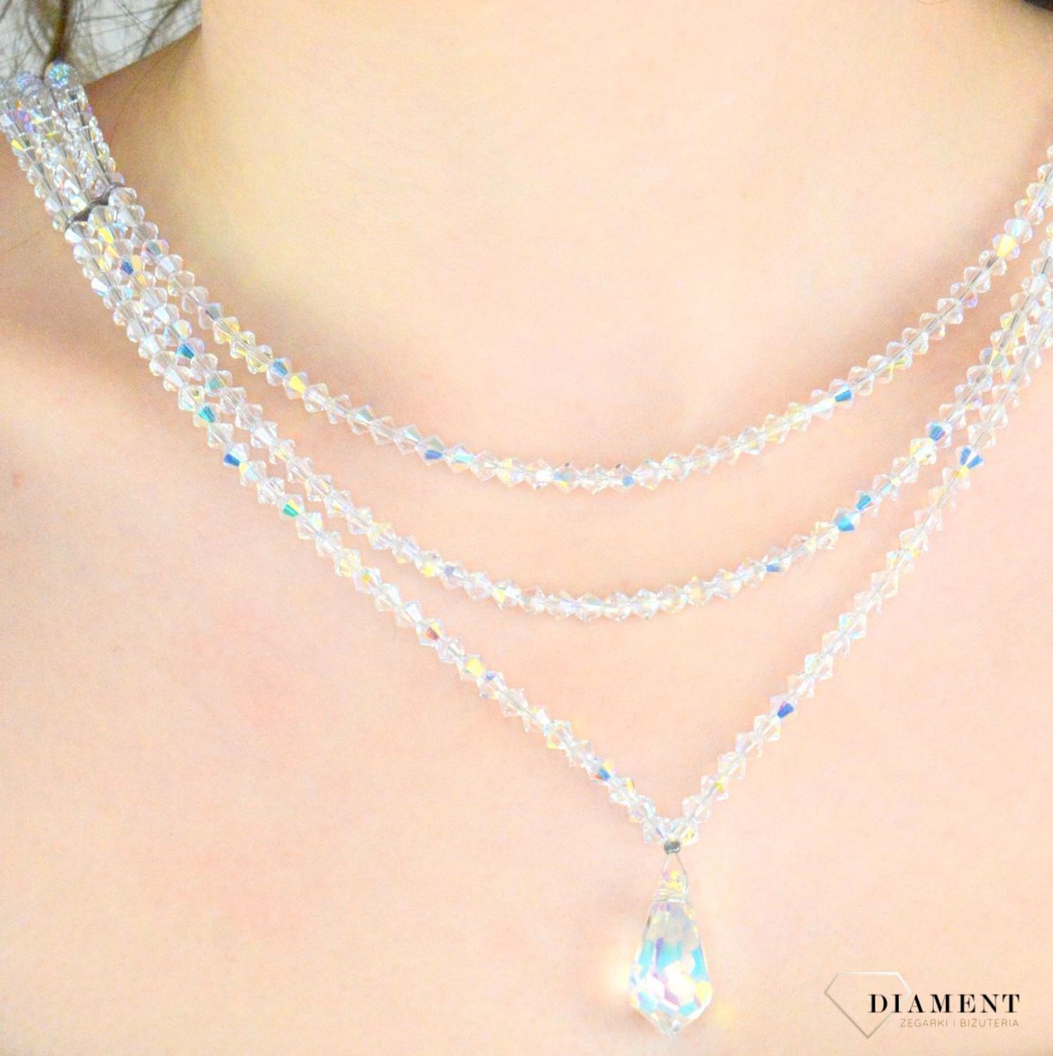 Naszyjnik Ślubny potrójna kolia z kryształami Swarovski DIA-NSZ-NR521-1-925. Naszyjnik ślubny. Biżuteria dla panny młodej. Połyskujący naszyjnik. Kolia na wesele.1.jpg