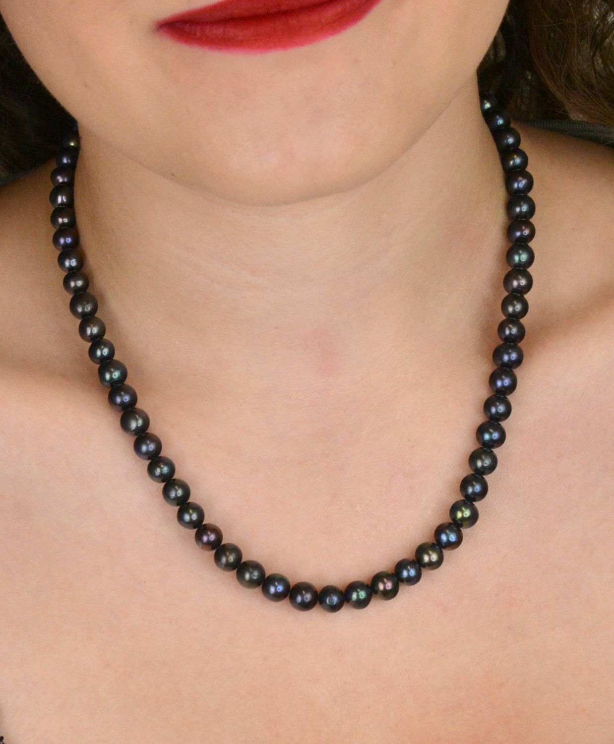 Naszyjnik z Fioletowych Pereł Naturalnych 7 mm  Długość 45 cm  Benzynowy Połysk  Srebro 925.jpg