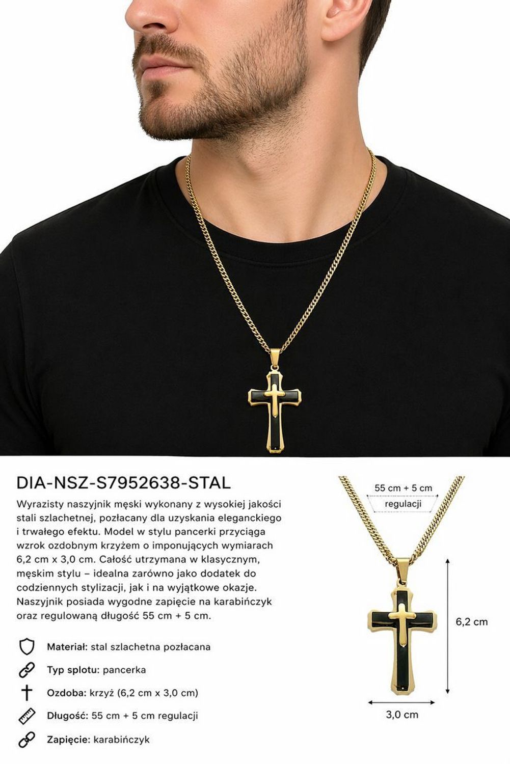 Naszyjnik męski stalowy pozłacany z krzyżem – pancerka 55+5 cm  DIA-NSZ-S7952638-STAL.jpg