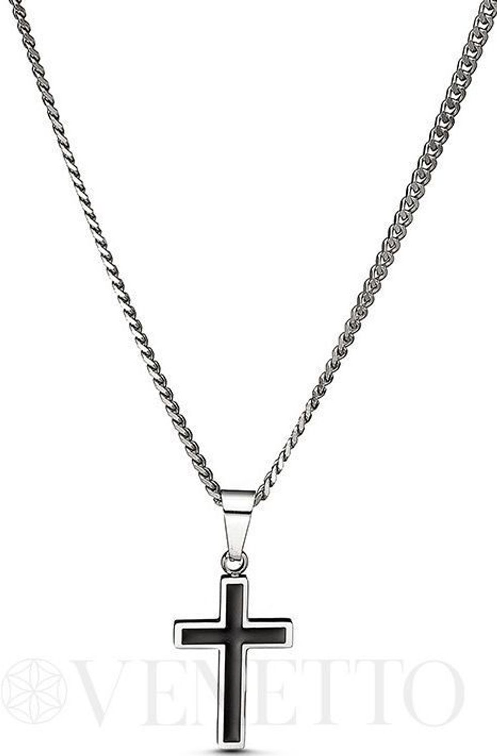 Stylowy naszyjnik męski ze stali szlachetnej z krzyżem zdobionym czarną emalią. Długość 55 + 5 cm, zawieszka 3,7 × 1,7 cm. Model DIA-NSZ-S8662436-STAL.1.jpg
