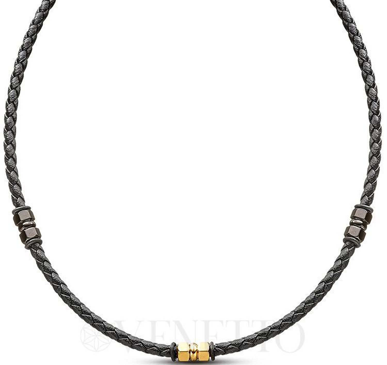 Naszyjnik męski rzemyk z pozłacanym elementem ze stali szlachetnej DIA-NSZ-S8693952-STAL – długość 47 cm + 3 cm, zapięcie na karabińczyk. Modny i trwały dodatek.1.jpg