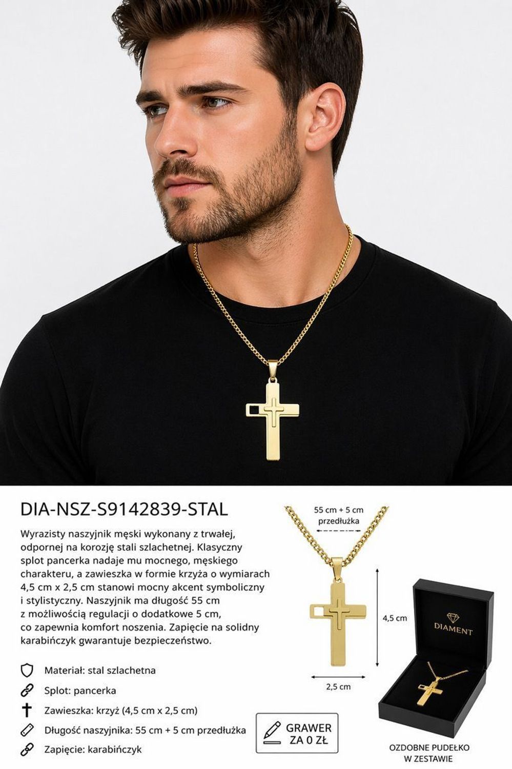 Naszyjnik męski stalowy z krzyżem – pancerka 55+5 cm  DIA-NSZ-S9142839-STAL.jpg
