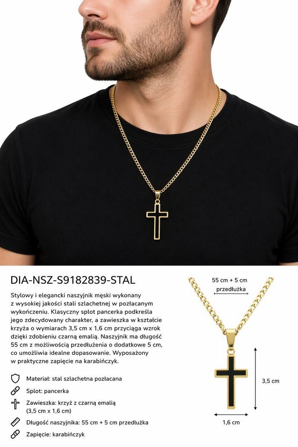 Naszyjnik męski stalowy pozłacany z krzyżem i czarną emalią  DIA-NSZ-S9182839-STAL.jpg