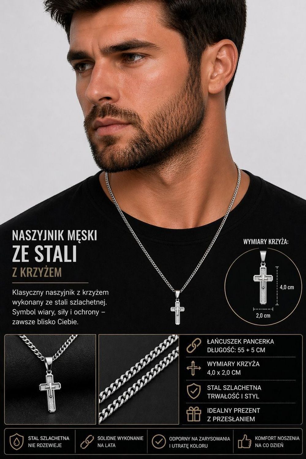 Męski naszyjnik stalowy z krzyżem DIA-NSZ-S9212436-STAL  Klasyczny symbol w nowoczesnej formie.jpg