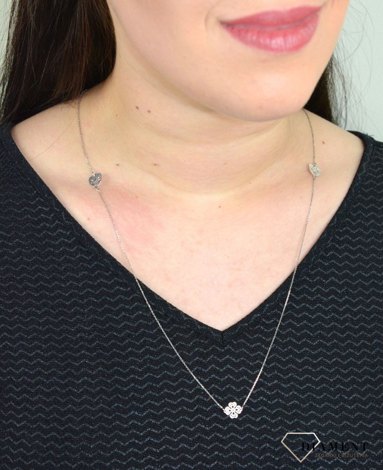 Srebrny naszyjnik celebrytka ażurowe serca i koniczynka DIA-NSZ-SERCE11-925.jpg