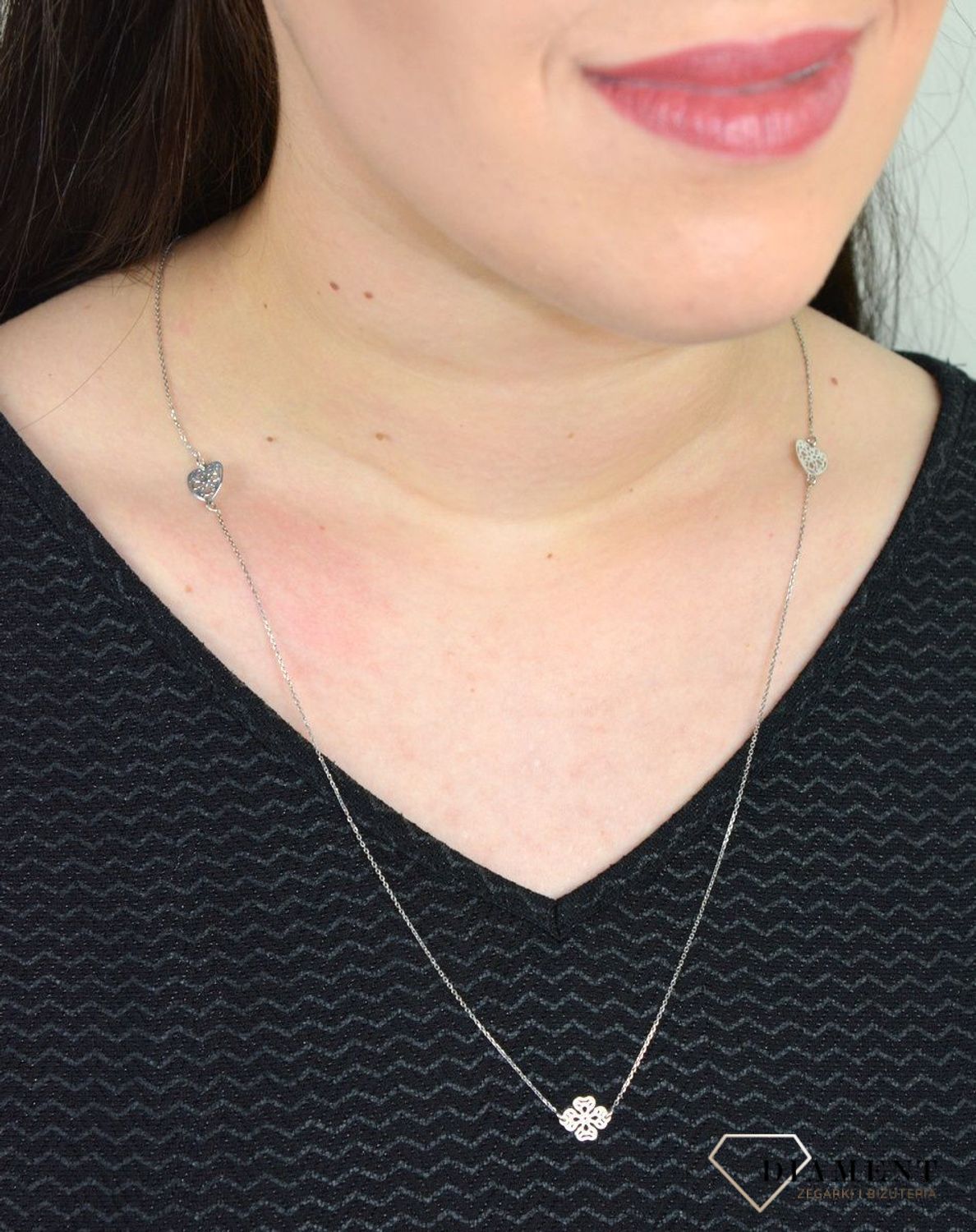 Srebrny naszyjnik celebrytka ażurowe serca i koniczynka DIA-NSZ-SERCE11-925.jpg