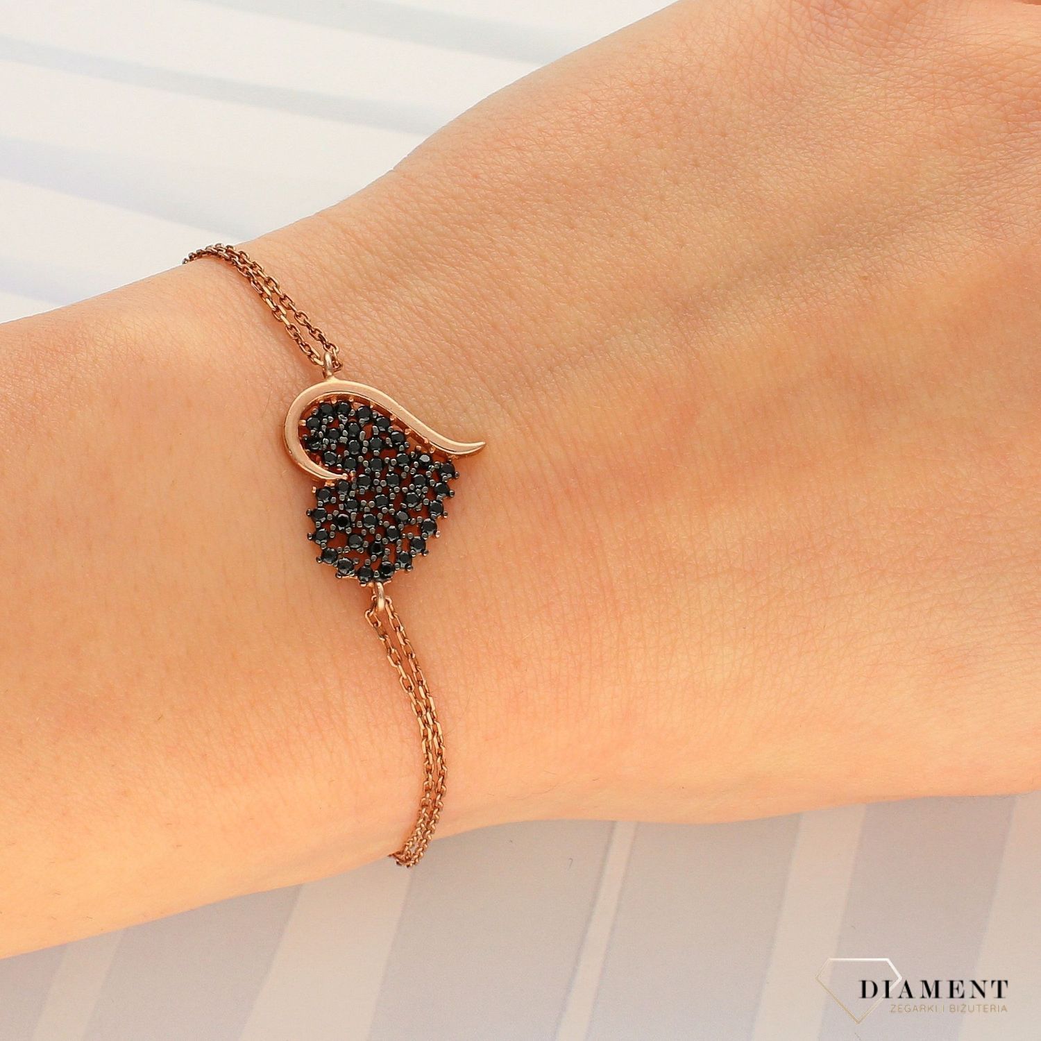 Srebrna bransoletka celebrytka różowe złoto 'Czarne serce' DIA-NSZ-SERCE14-925 (1).jpg
