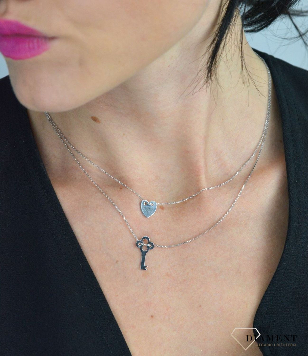 Srebrny naszyjnik celebrytka podwójny łańcuszek kluczyk i serduszko DIA-NSZ-SERCE7-925.jpg
