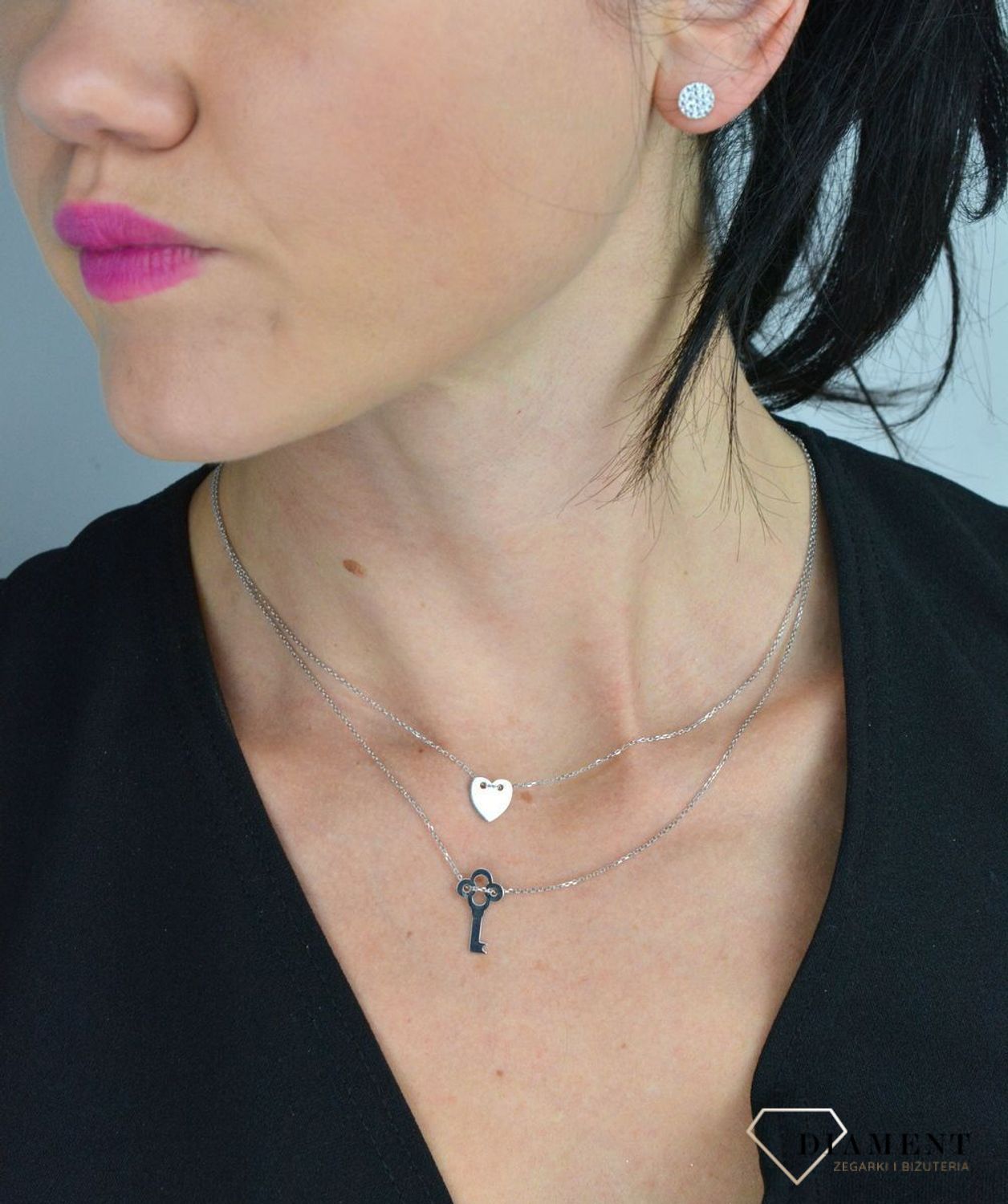 Srebrny naszyjnik celebrytka podwójny łańcuszek kluczyk i serduszko DIA-NSZ-SERCE7-925.jpg