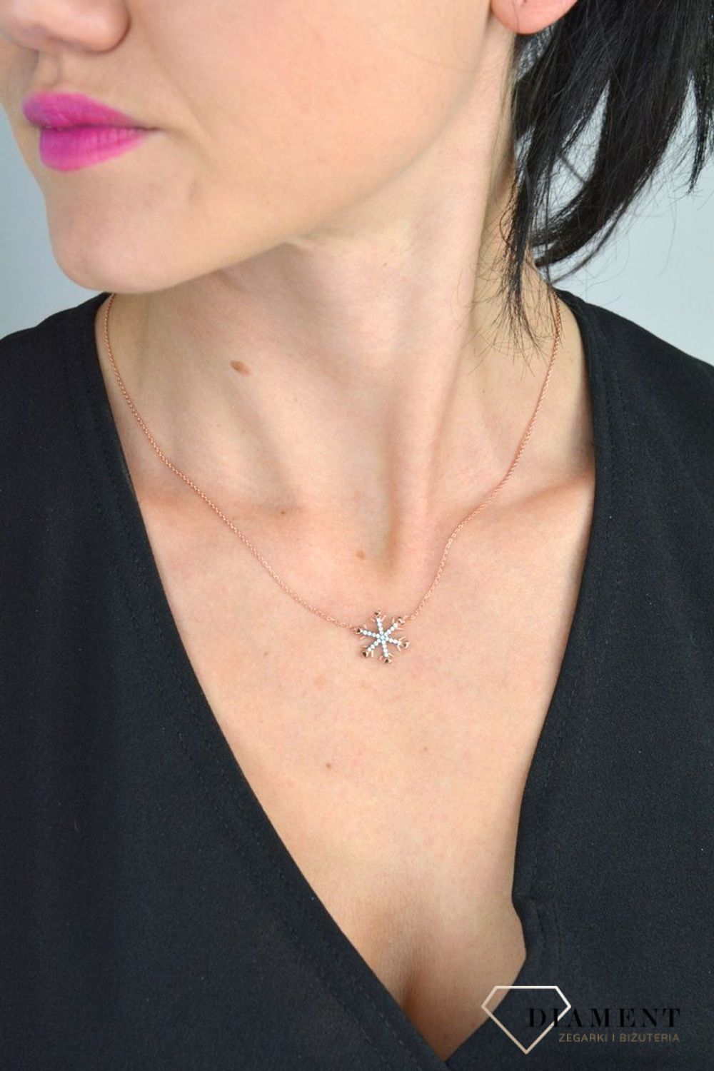 Srebrny naszyjnik pozłacany celebrytka ze śnieżynką różowe złoto DIA-NSZ-SNIEZYNKA2-925.jpg