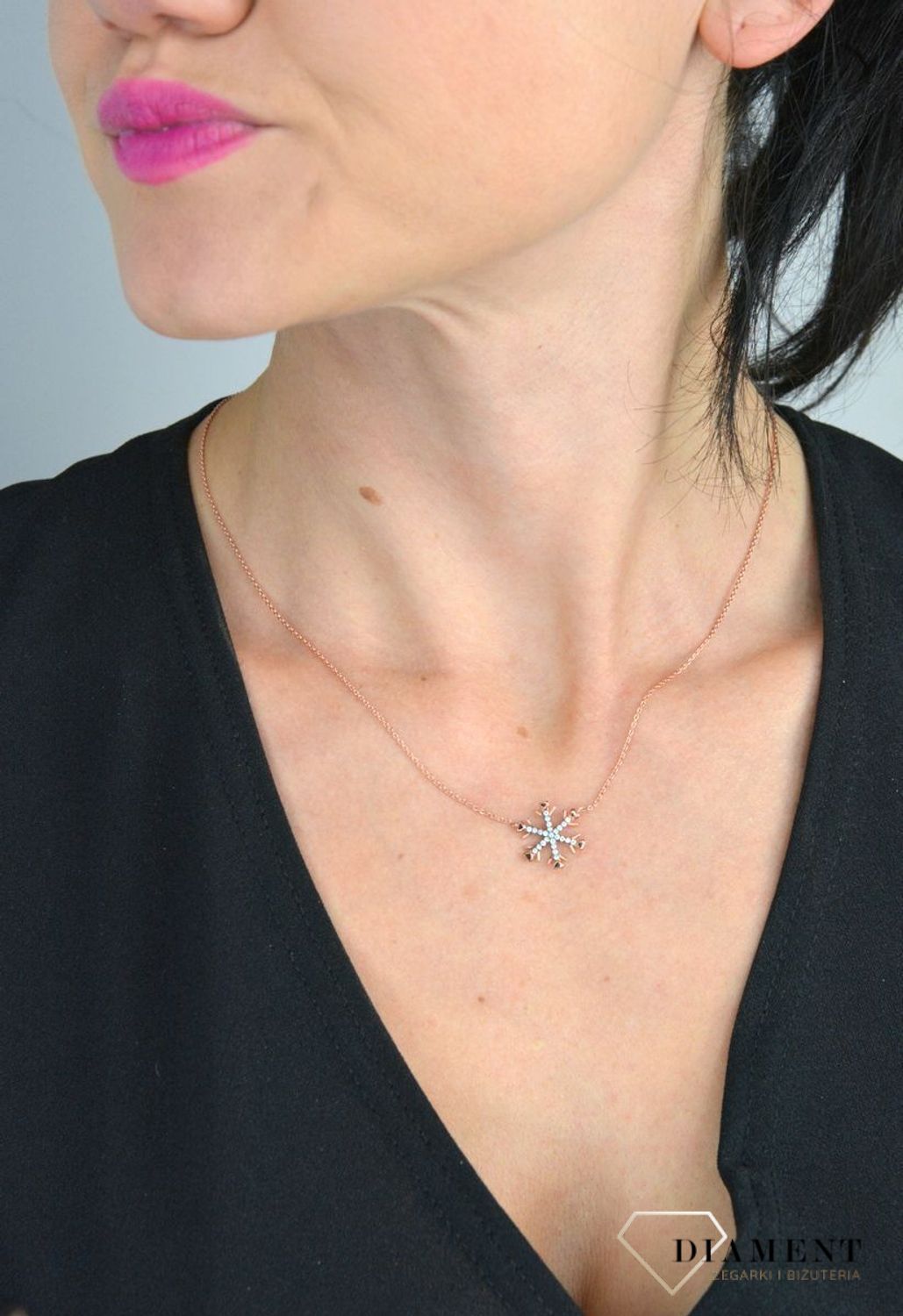 Srebrny naszyjnik pozłacany celebrytka ze śnieżynką różowe złoto DIA-NSZ-SNIEZYNKA2-925.jpg