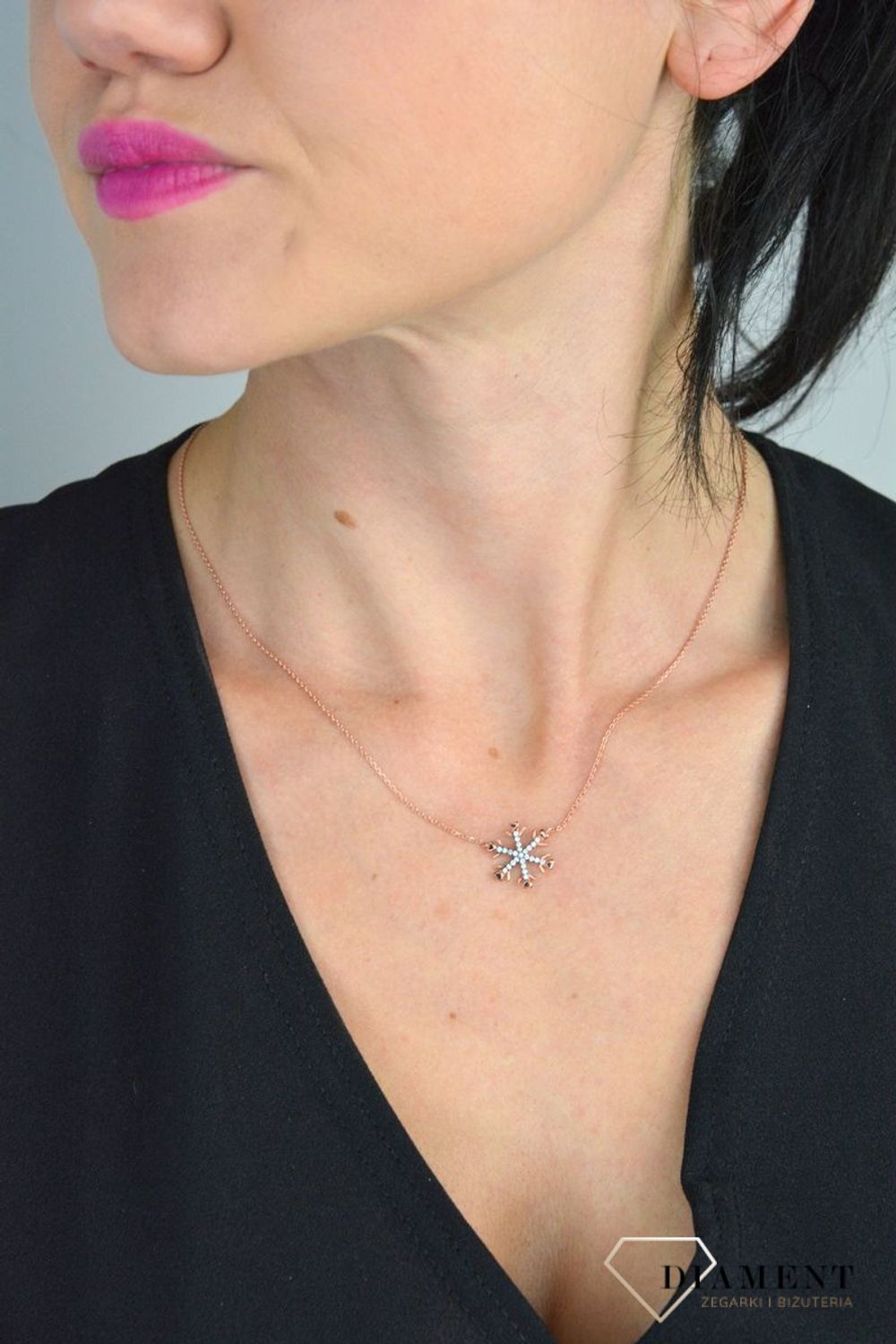 Srebrny naszyjnik pozłacany celebrytka ze śnieżynką różowe złoto DIA-NSZ-SNIEZYNKA2-925.jpg