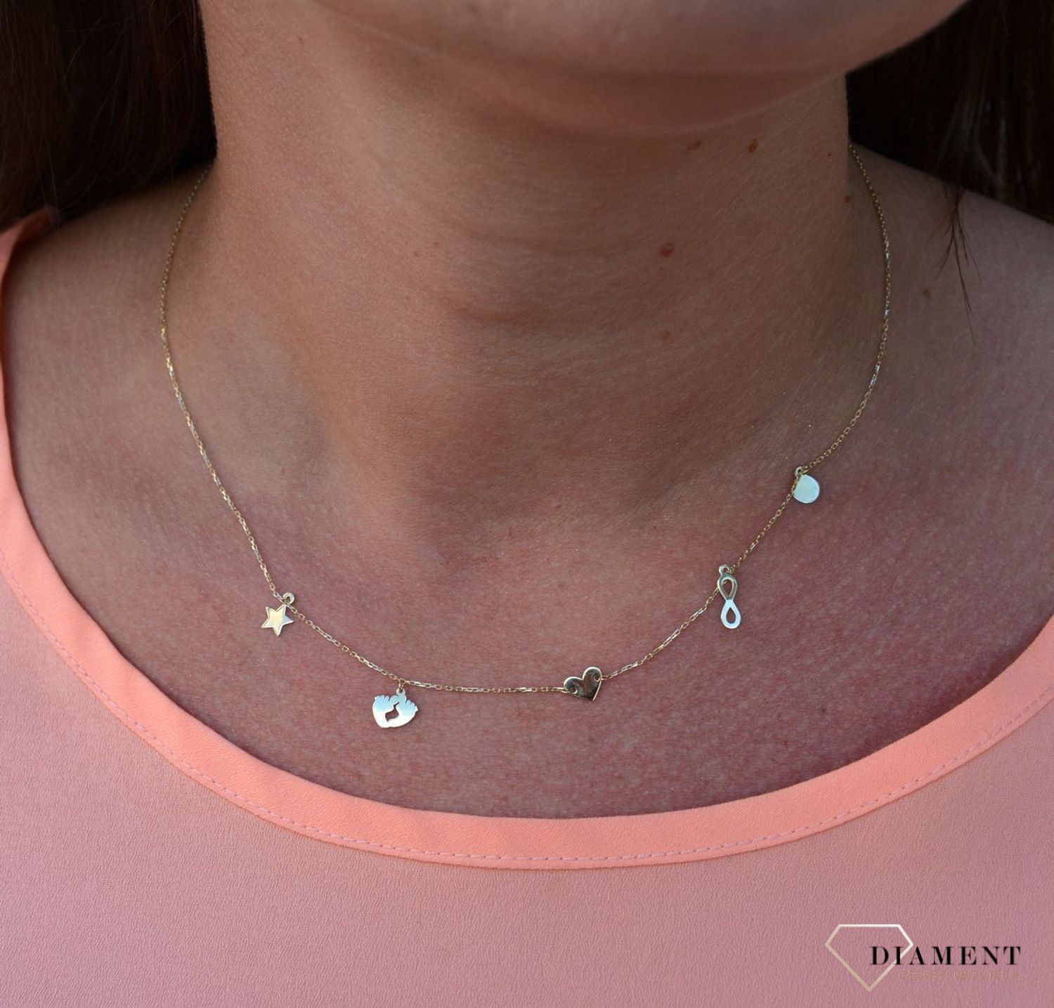 Złoty naszyjnik celebrytka 375 gwiazdka, stópki, serce, nieskończoność, koło.jpg