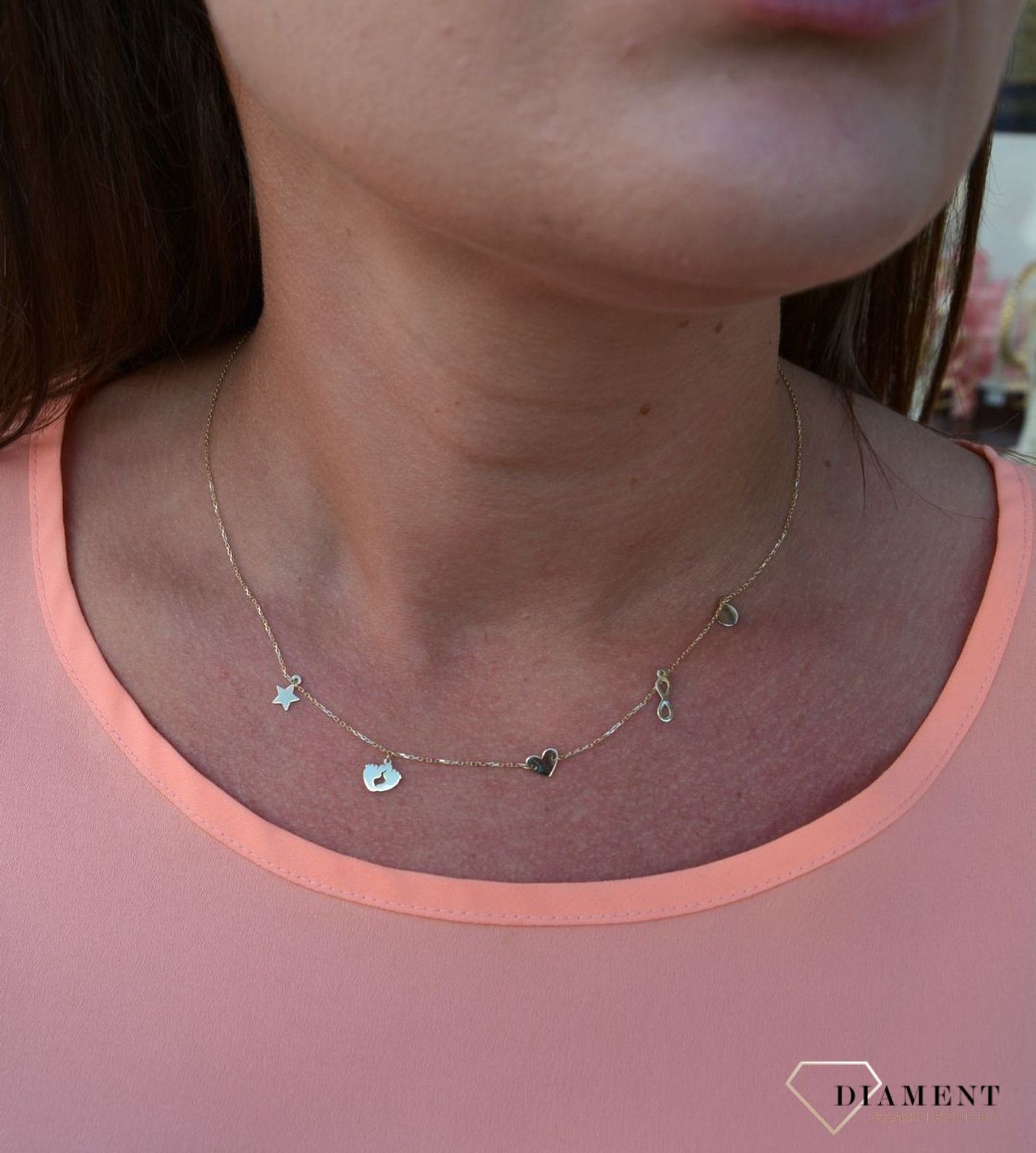 Złoty naszyjnik celebrytka 375 gwiazdka, stópki, serce, nieskończoność, koło.jpg