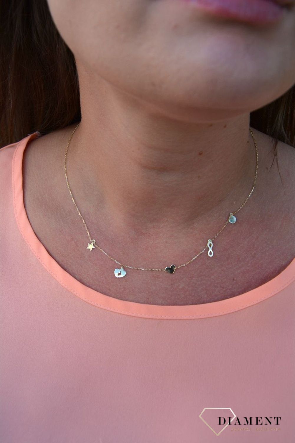 Złoty naszyjnik celebrytka 375 gwiazdka, stópki, serce, nieskończoność, koło.jpg