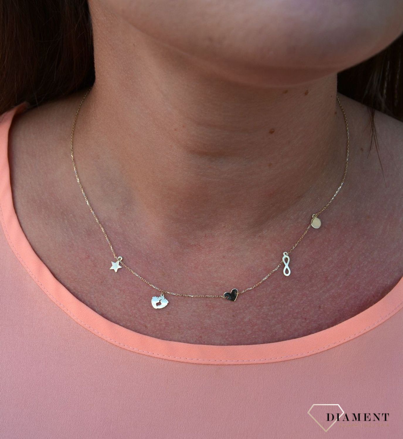 Złoty naszyjnik celebrytka 375 gwiazdka, stópki, serce, nieskończoność, koło.jpg