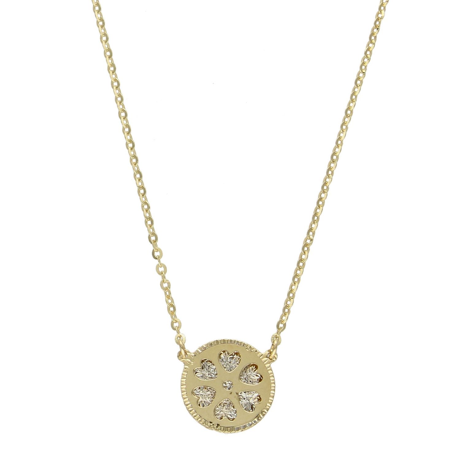 Złoty naszyjnik celebrytka okrągła zawieszka ozdobiona serduszkami z cyrkonią DIA-NSZ-TRES01-585.jpg