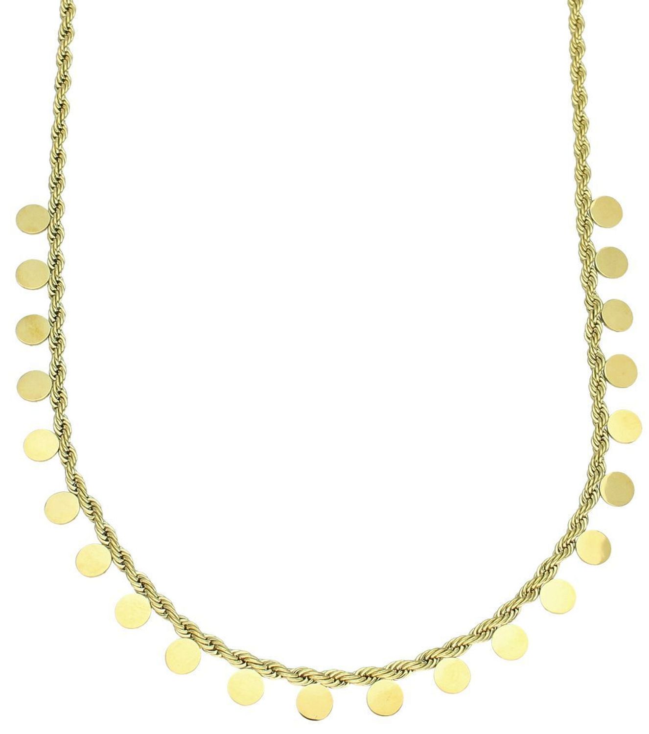 Pozłacany naszyjnik stalowy z modnym splotem kordel i ozdobnymi blaszkami. Długość 40+5 cm. Stylowy dodatek na każdą okazję – nowość!1.jpg