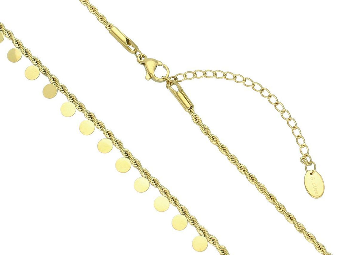 Pozłacany naszyjnik stalowy z modnym splotem kordel i ozdobnymi blaszkami. Długość 40+5 cm. Stylowy dodatek na każdą okazję – nowość!1.jpg