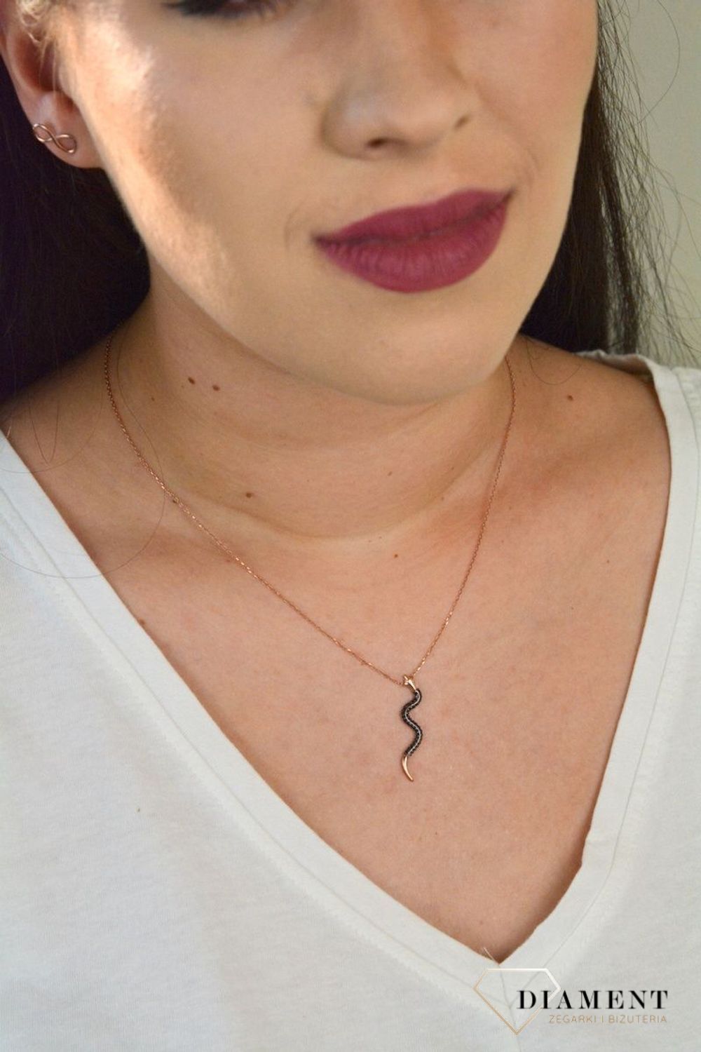 Srebrny naszyjnik celebrytka wąż z czarną cyrkonią różowe złoto DIA-NSZ-WĄŻ1-925.jpg