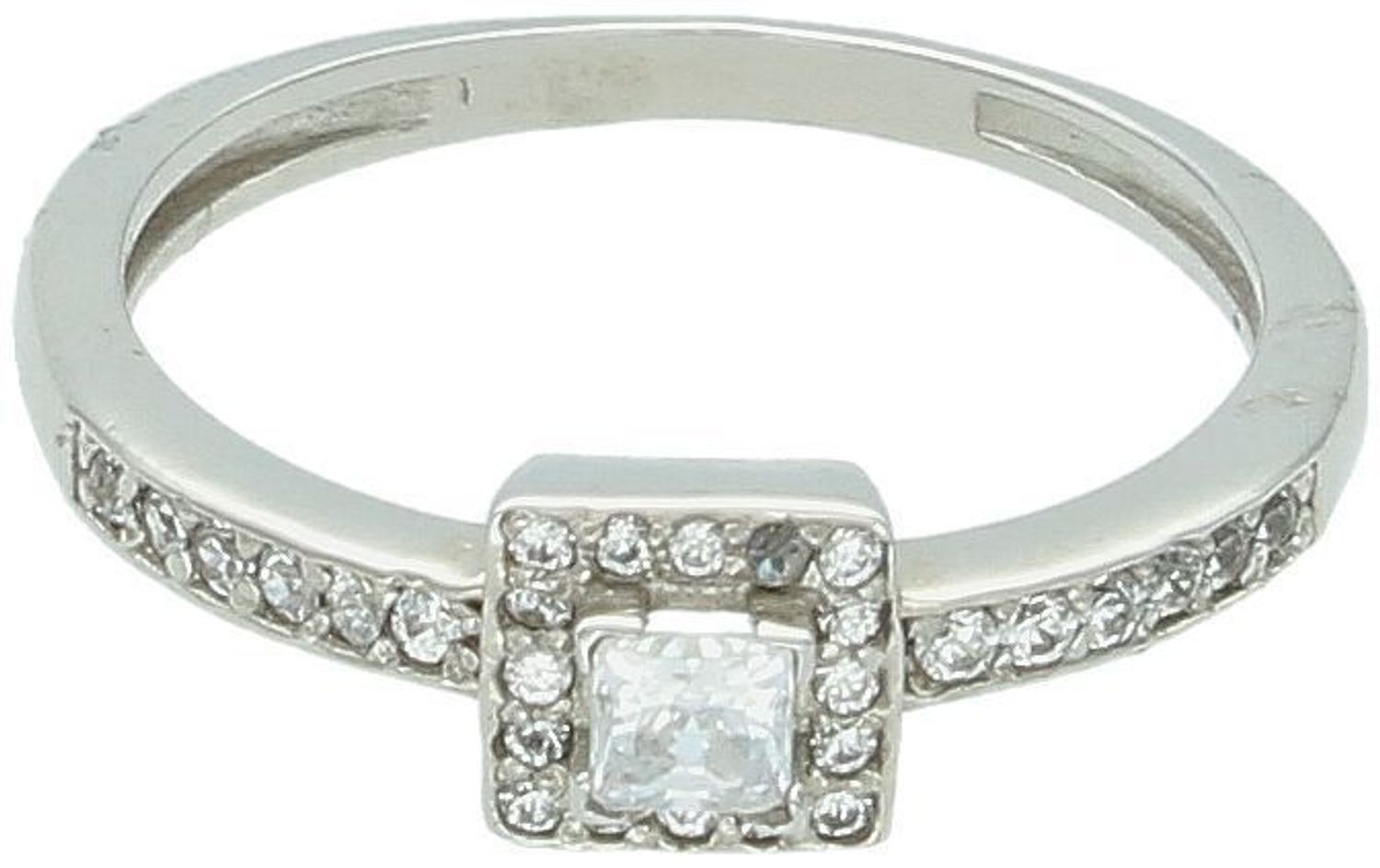 Białe złoto pierścionek damski próby 585, 2,24 g, z kwadratowym wzorem i białymi cyrkoniami. Szerokość elementu górnego 6 mm, szerokość szyny dolnej 1 mm, rozmiar 14. Elegancka biżuteria 1.jpg