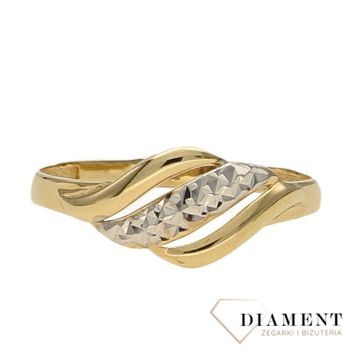 Złoty pierścionek 585 żółte i białe grawerowane złoto DIA-PRS-0394-585 (2).jpg
