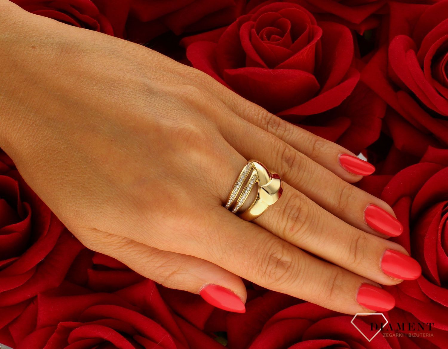 Pierścionek złoty, szeroki z cyrkoniami Podwójna złota plecionka 585 DIA-PRS-10444-585 (2).jpg