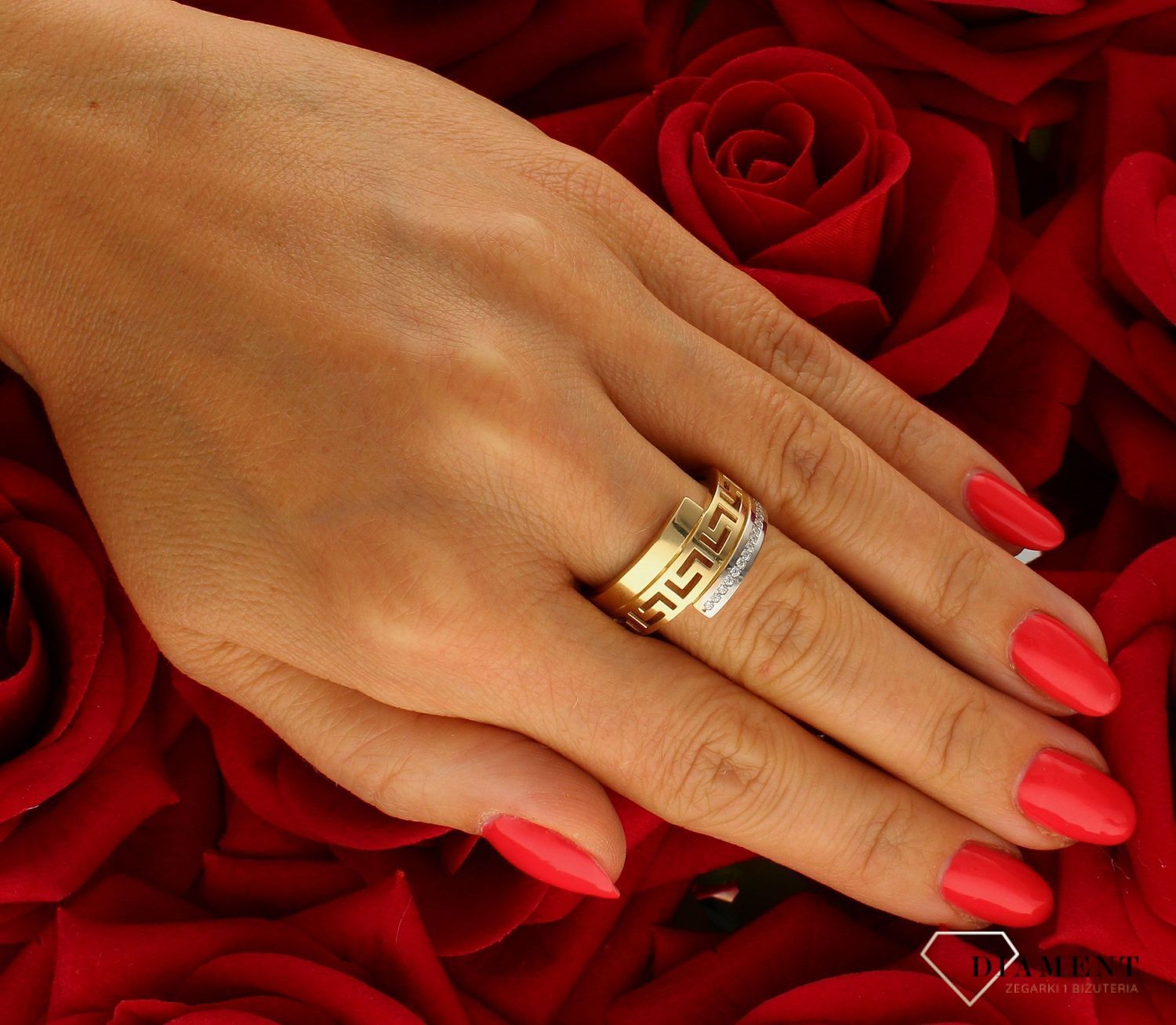 Pierścionek złoty damski z cyrkoniami białe i żółte złoto Droga Grecka DIA-PRS-10445-585 (1).jpg