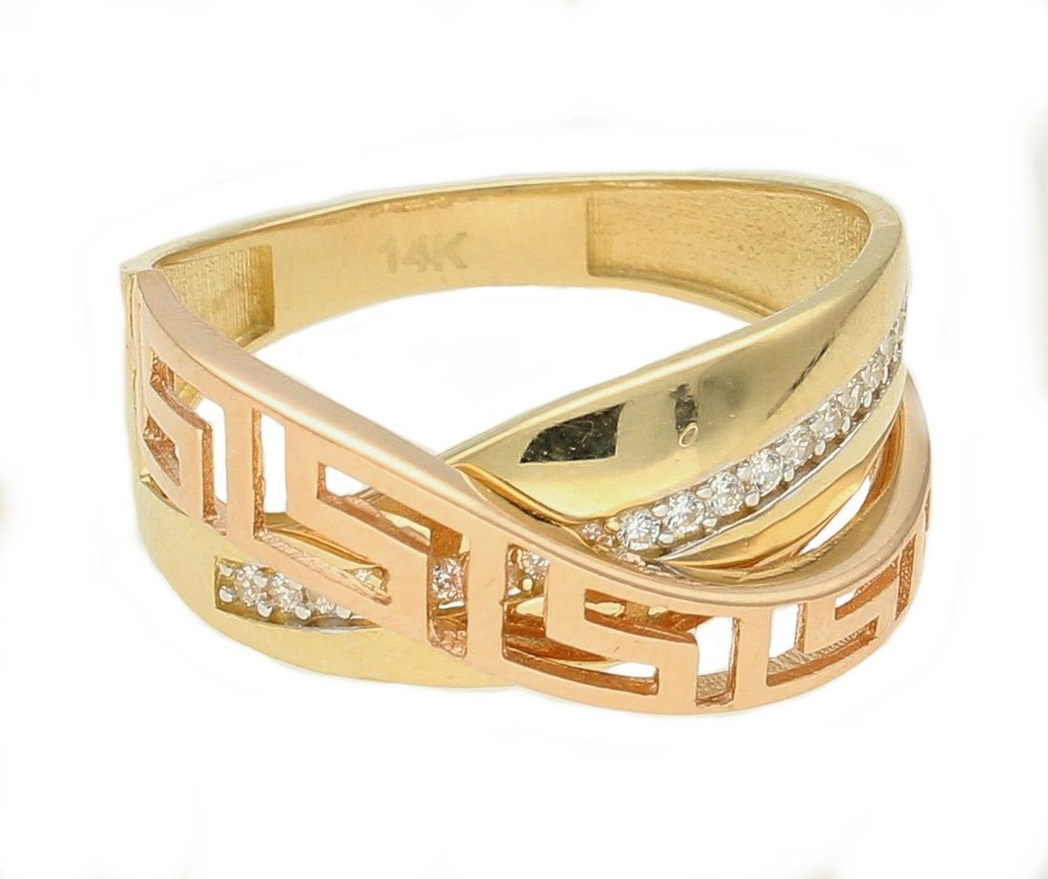 Złoty pierścionek damski DIA-PRS-10446-585 z motywem greckim i cyrkoniami. Wykonany z różowego i żółtego złota próby 585. Elegancki, szeroki pierścionek dla kobiet.1.jpg