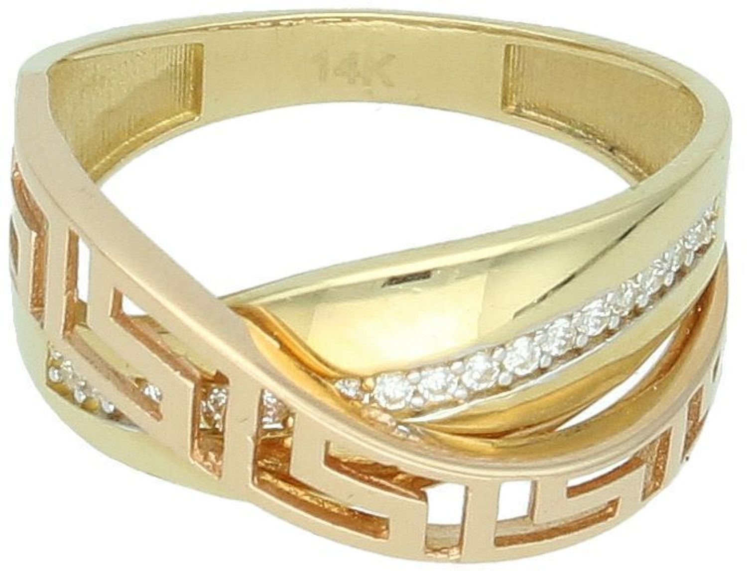 Złoty pierścionek damski DIA-PRS-10446-585 z motywem greckim i cyrkoniami. Wykonany z różowego i żółtego złota próby 585. Elegancki, szeroki pierścionek dla kobiet.1.jpg