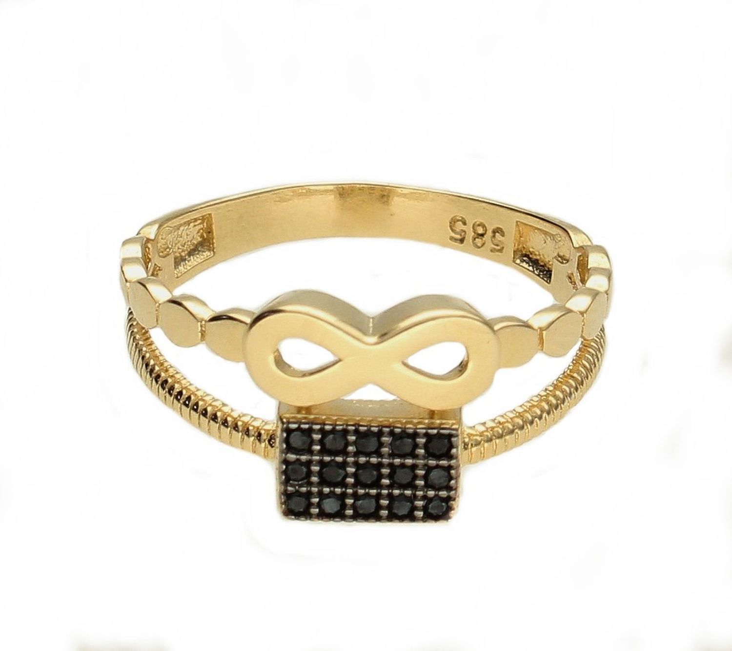 Złoty pierścionek damski z czarnymi cyrkoniami i znakiem nieskończoności DIA-PRS-10451-585 (2).jpg