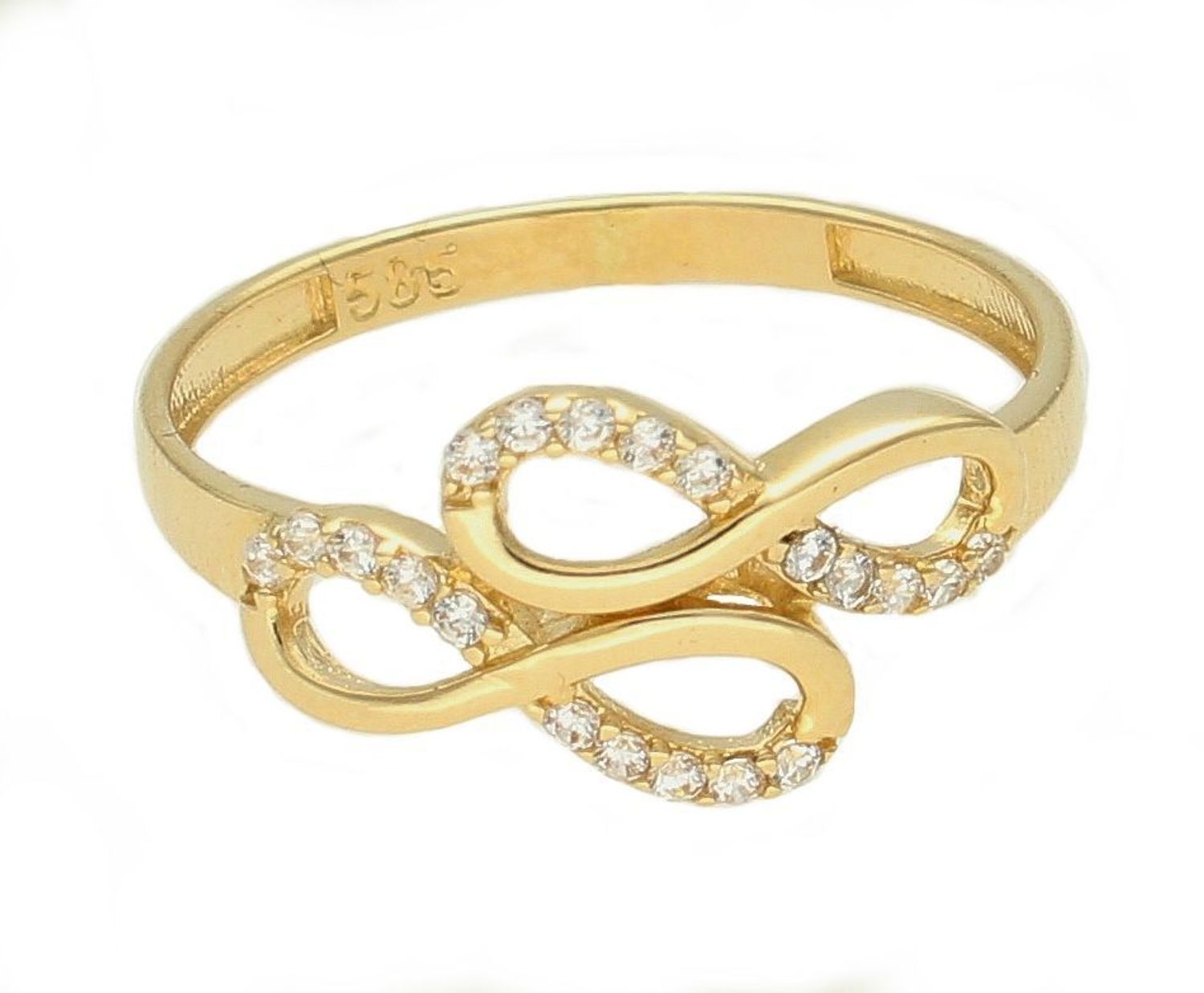 Pierścionek złoty z cyrkoniami z motywem Podwójnej nieskończoności 585 DIA-PRS-10452-585 Pierścionek wykonany z żółtego 14 karatowego złota o ponadczasowej formie. Złoty pierścionek z cyrkoni.jpg