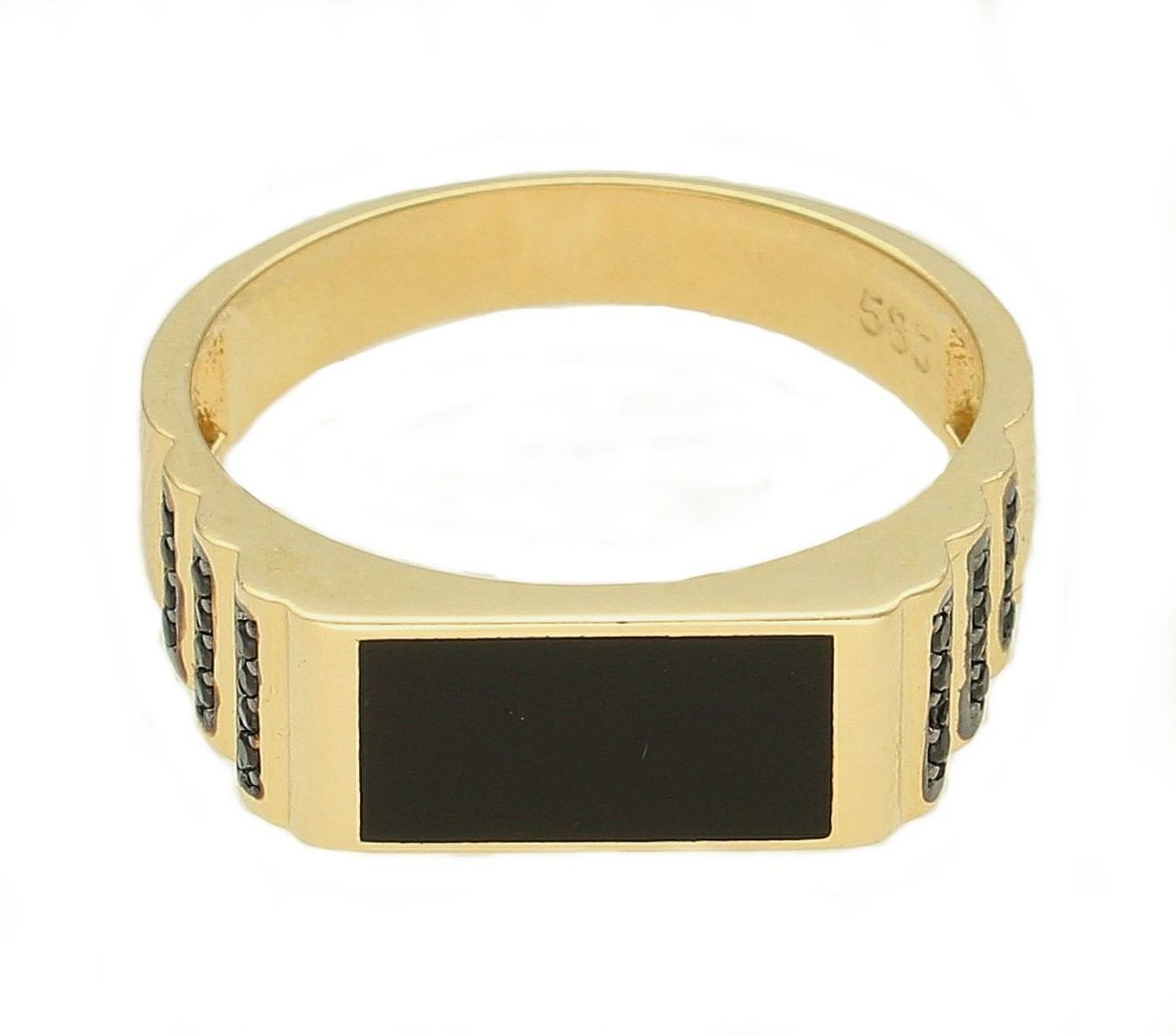 Złoty sygnet męski z czarnymi cyrkoniami i prostokątną ciemną formą 585 DIA-PRS-10455-585 Złoty męski  sygnet wykonany z żółtego złota próby 585. Męska złota biżuteria idealna na prezent..jpg