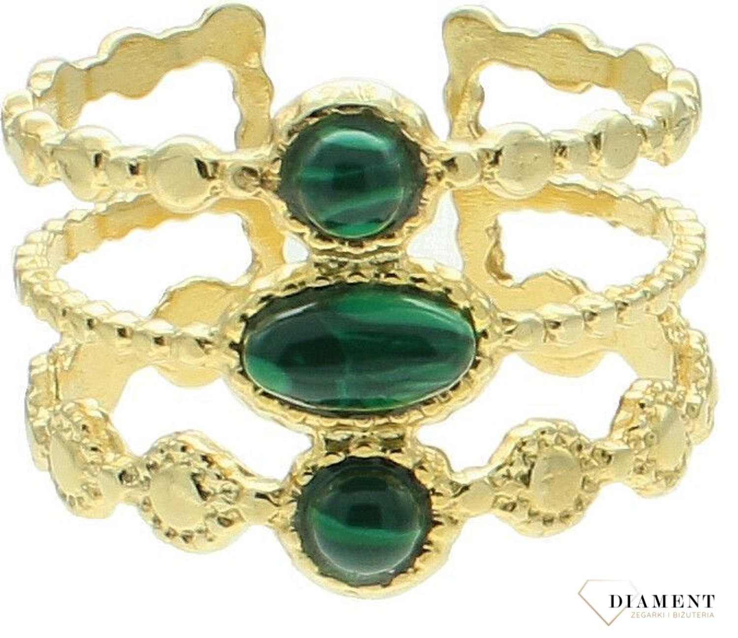 Srebrny pierścionek damski 925 pokryty złotem szeroka obrączka z malachitem rozmiar 15 DIA-PRS-10656-925. Srebrny pierścionek pozłacany damski. Srebrny pierścionek z zielonym kamieniem. Pierścionek srebrny damski n1.jpg