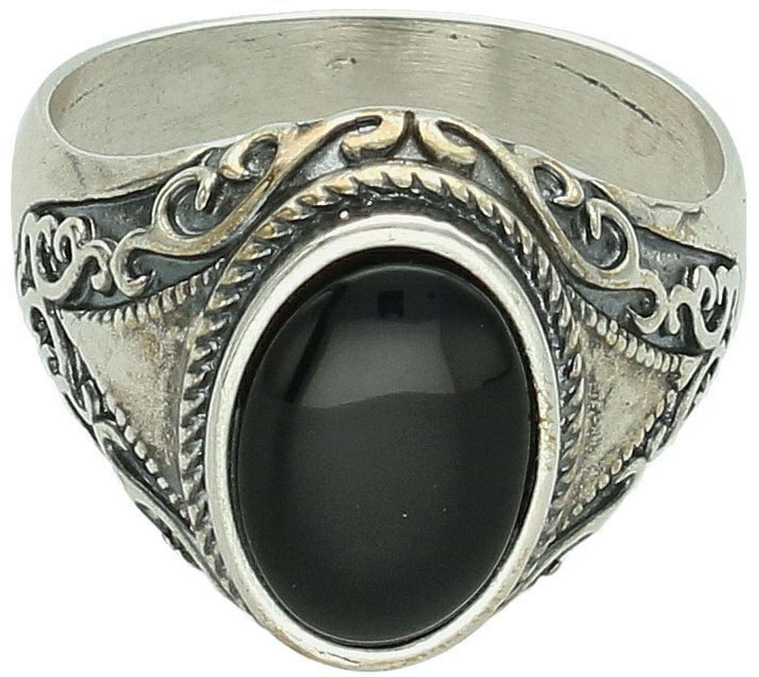 Srebrny sygnet męski 925 z czarnym kamieniem i zdobionymi bokami DIA-PRS-10671-925.jpg